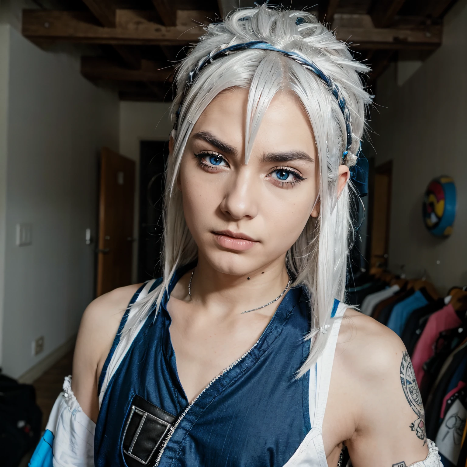 Anime boy with eyebrow piercing, seventies punk clothes. long silver white hair, blue eyes.