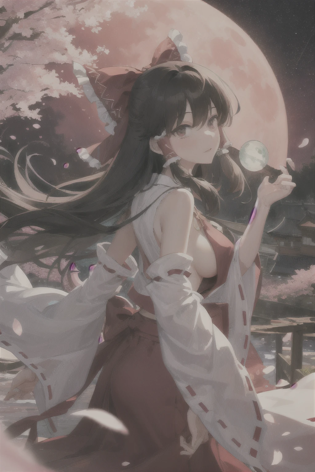 masterpiece, best quality, 1girl, hakurei reimu, black hair, black hair, glowing eyes, sideboob, (long skirt), yin yang orb, nightlight, bare hand, detail background, shrine, river, cherry blossoms, flower scatter, red sky, starry sky, moon, from side,