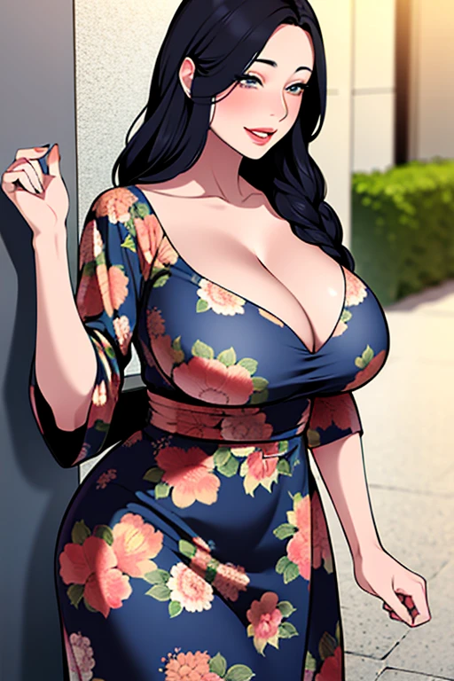 Camilla, standing, smirk, portrait, floral dress, cleavage, parted lips