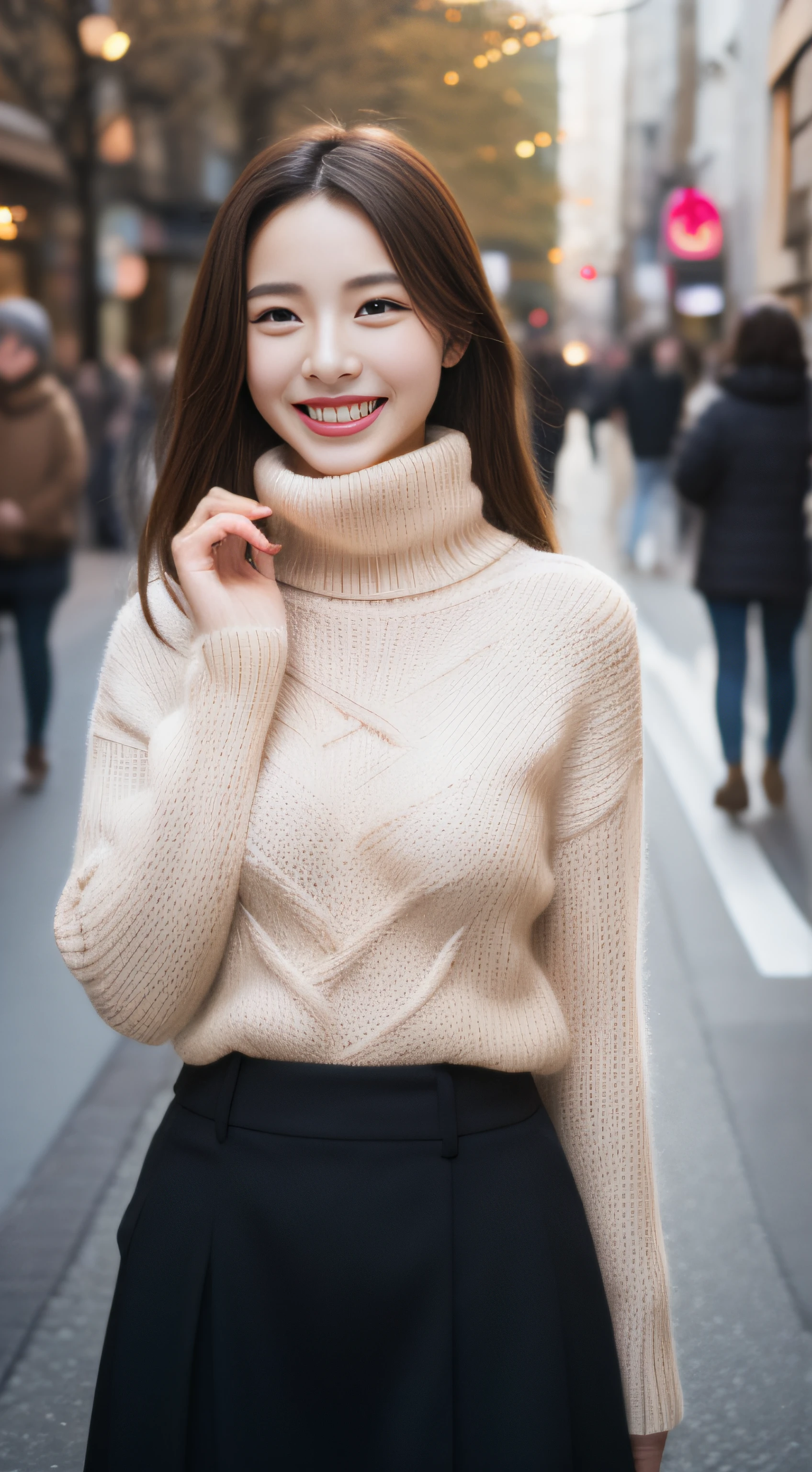The face of the hostess、Wear a turtleneck sweater、hiquality、A hyper-realistic、healthy、Smiling expression、Slender perfect figure、Japanese beauty ace perfect、Beautiful skin、The upper part of the body、Christmas、Bustling street