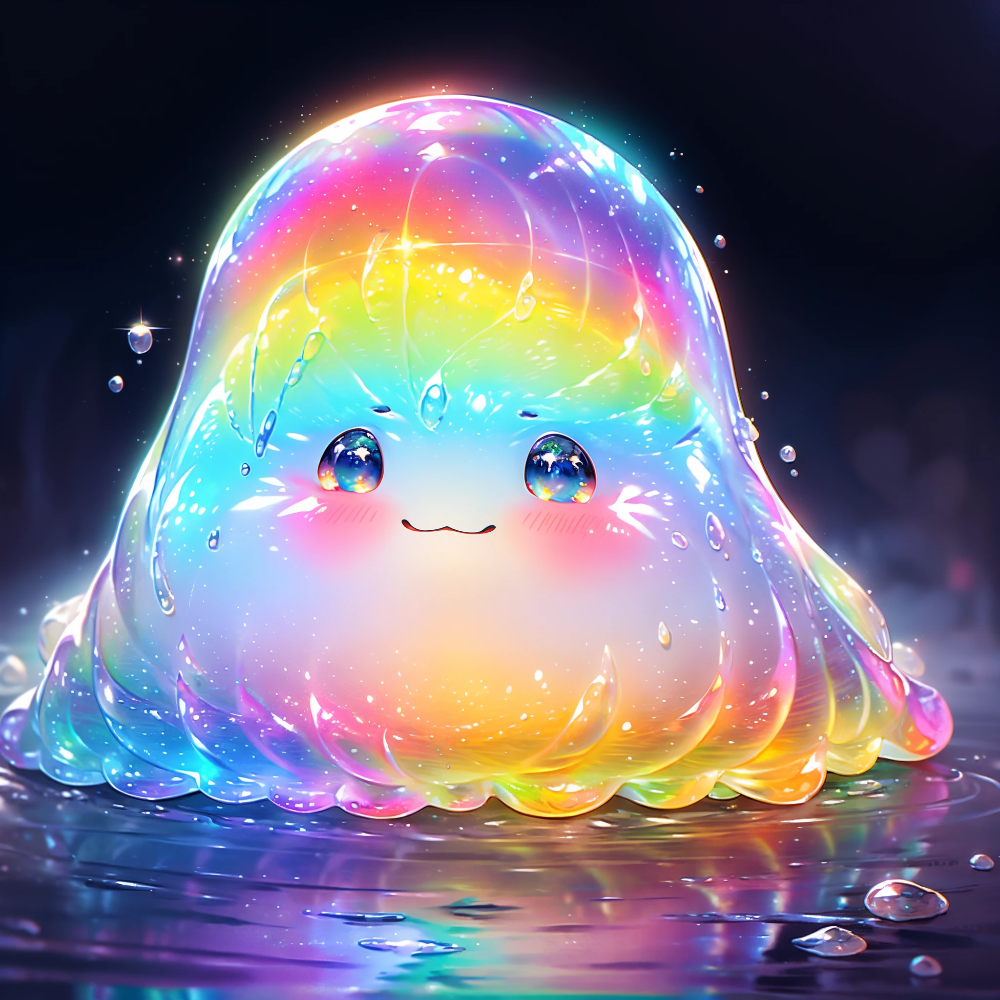 A shiny rainbow colorful slime, cute face,vibrant and translucent texture, slime stretching and squishing, detailed, mesmerizing patterns and swirls, sparkling and reflecting light, satisfying to touch and play with, high-res masterpiece, vivid colors, illuminated with soft studio lighting.