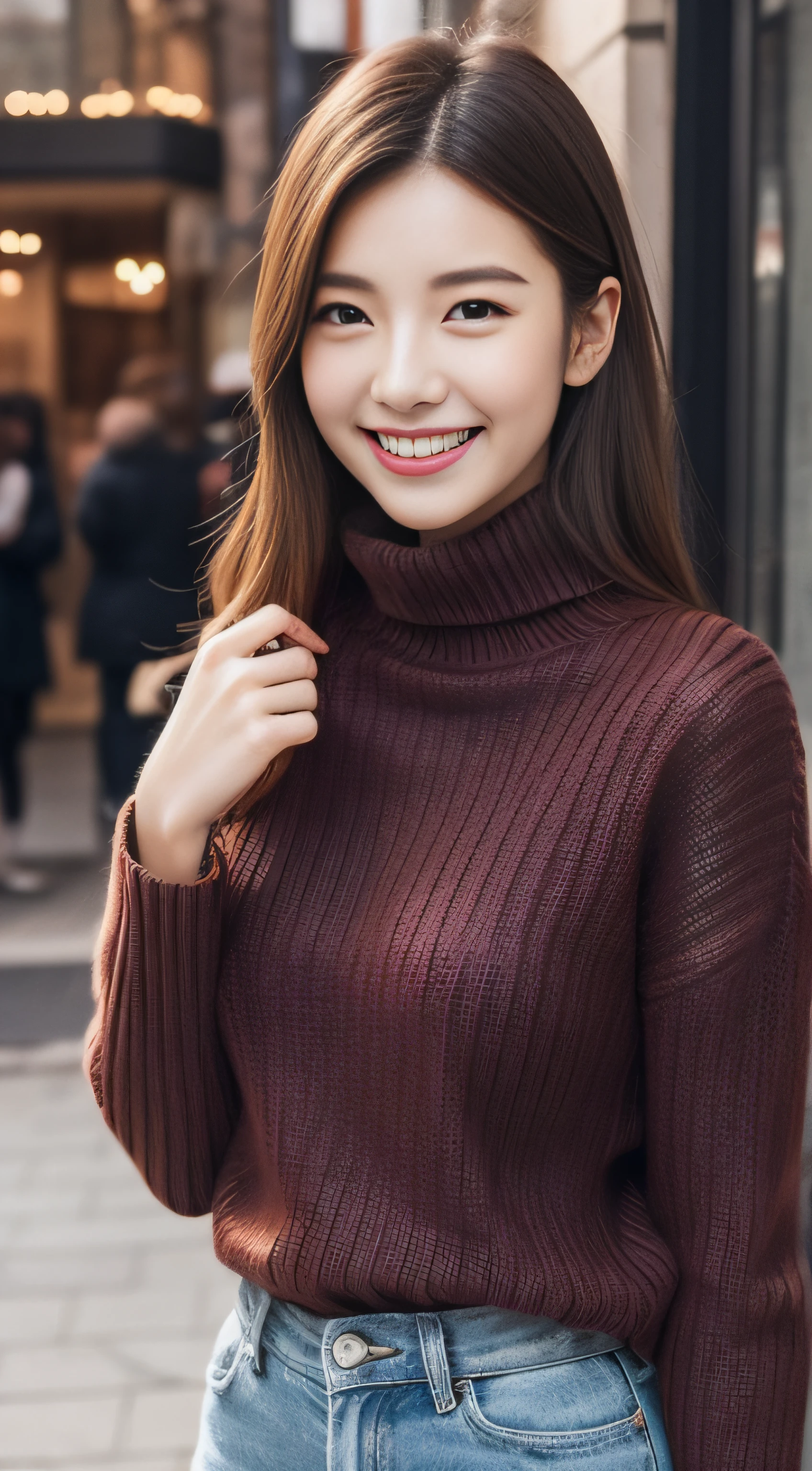 The face of the hostess、Wear a turtleneck sweater、hiquality、A hyper-realistic、healthy、Smiling expression、Slender perfect figure、Japanese beauty ace perfect、Beautiful skin、The upper part of the body、Christmas、Bustling street