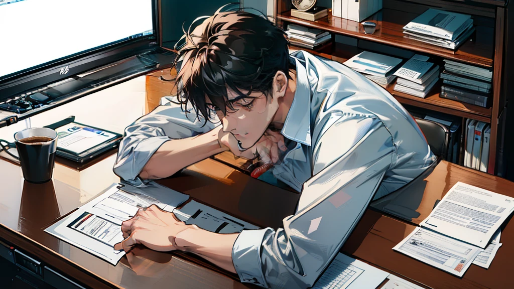 A worried male office worker lying face down on his desk.、Please describe yourself surrounded by thick work-related documents....。Holding your head。From that expression and pose、Be sure to communicate the pressure and stress of work.。pure、A coffee cup and a laptop are on his desk.、Please describe his work environment in detail....。