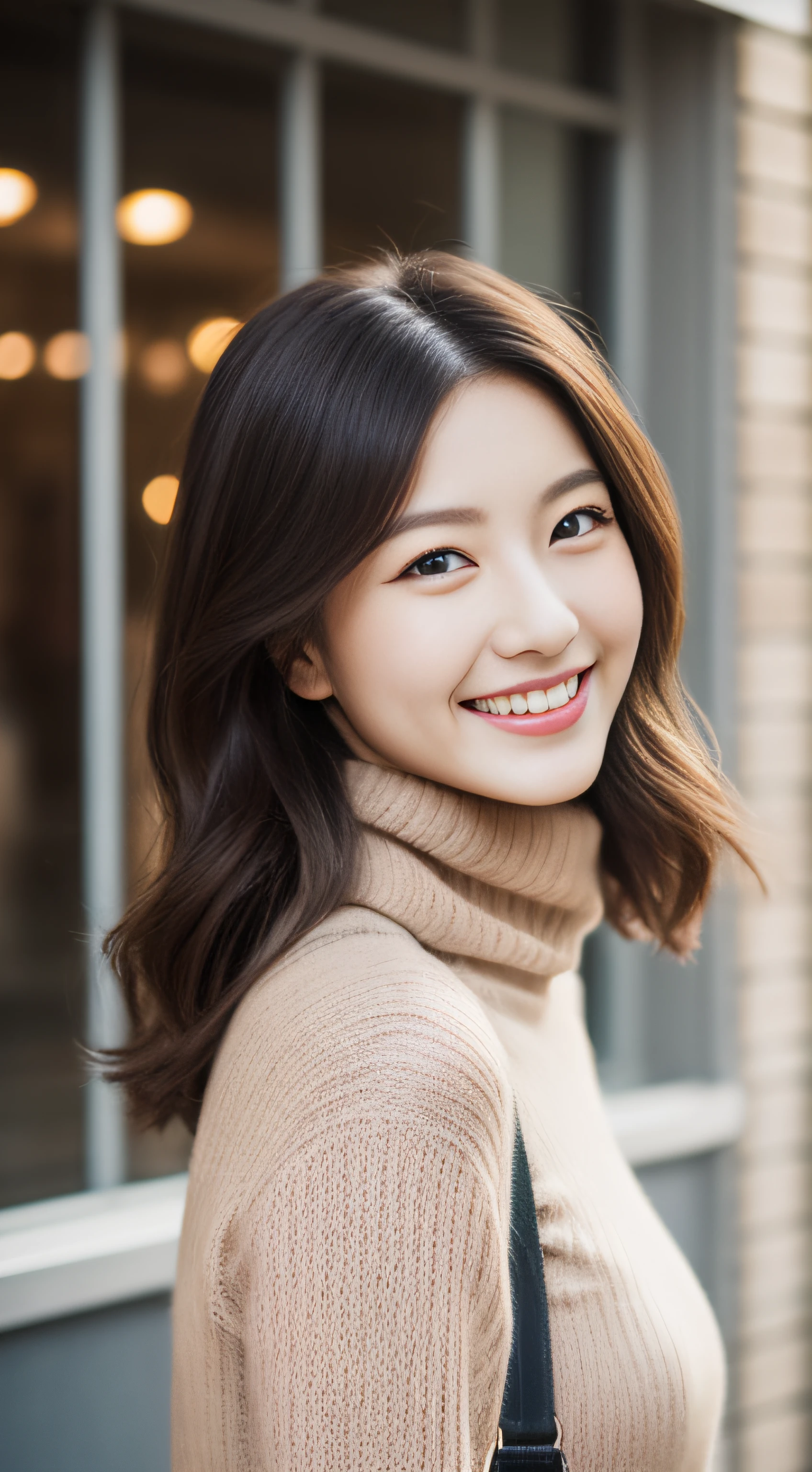 The face of the hostess、turtleneck wool sweater、hiquality、A hyper-realistic、healthy、Smiling expression、Slender perfect figure、japanese beautiful woman、 perfect eyes、Beautiful skin、The upper part of the body、Downtown in winter