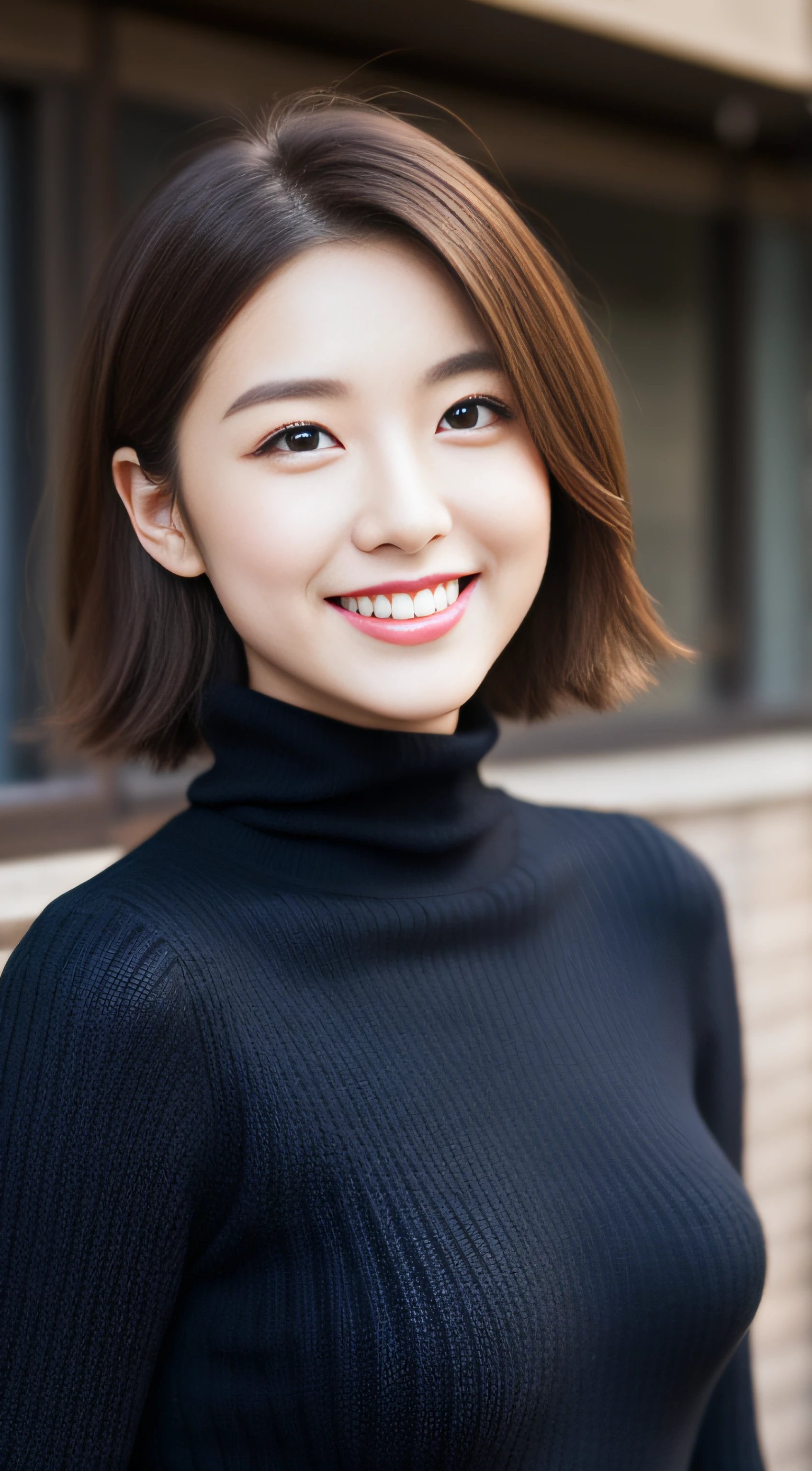 The face of the hostess、turtleneck wool sweater、hiquality、A hyper-realistic、healthy、Smiling expression、Slender perfect figure、japanese beautiful woman、 perfect  eyes、Beautiful skin、The upper part of the body、Downtown in winter