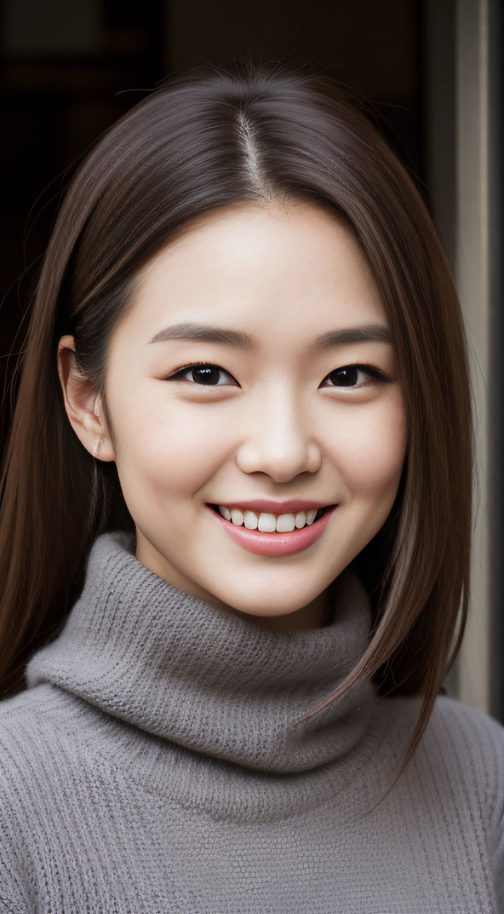 The face of the hostess、turtleneck wool sweater、hiquality、A hyper-realistic、healthy、Smiling expression、Slender perfect figure、japanese beautiful woman、 perfect  eyes、Beautiful skin、The upper part of the body、Downtown in winter