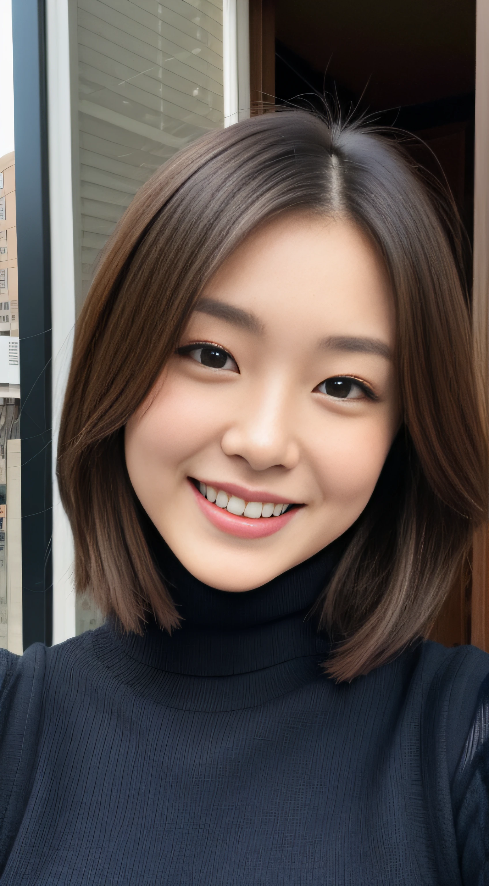 The face of the hostess、turtleneck wool sweater、hiquality、A hyper-realistic、healthy、Smiling expression、Slender perfect figure、japanese beautiful woman、 perfect  eyes、Beautiful skin、The upper part of the body、Downtown in winter