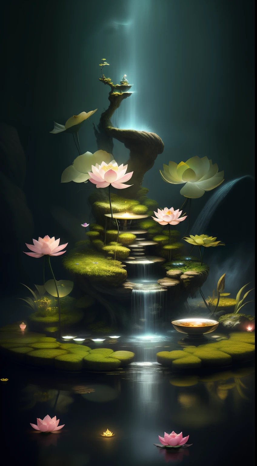There a miniature indoor lotus pond,Light Painting Miniature 3D Model,There an exquisite tea cup placed on a stone in the middle of the lotus pond.,Red carp swimming around,lotus leaf lotus lotus pod,small waterfalls,Plants,a plant,mossy,Root,Burning oil lamp,looming smoke,A perfect piece of desktop art,Deep view,Stunning graphics,Sophisticated details,Large commercial advertising style,Texture,OC rendering,Breathtakingly beautiful,Quiet and elegant art,HD digital art,Chinese ancient fairyland,Gorgeous and exquisite illustrations,otherworldly atmosphere,The perfect combination of fantasy and reality,Rich picture layering,light painting blooming,hyper realisitc,Bright, romantic and beautiful light,beautiful art,Ultra HD 8K,amazing beautiful wallpaperackground artwork,8K detailed painting, 8k high definition wallpaper illustration,high detailed digital art