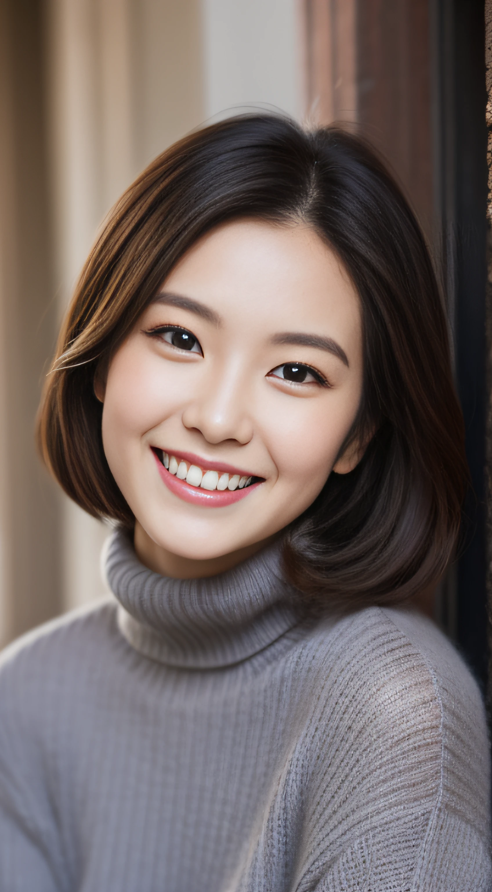 The face of the hostess、turtleneck wool sweater、hiquality、A hyper-realistic、healthy、Smiling expression、Slender perfect figure、japanese beautiful woman、 perfect eyes、Beautiful skin、The upper part of the body、Downtown in winter