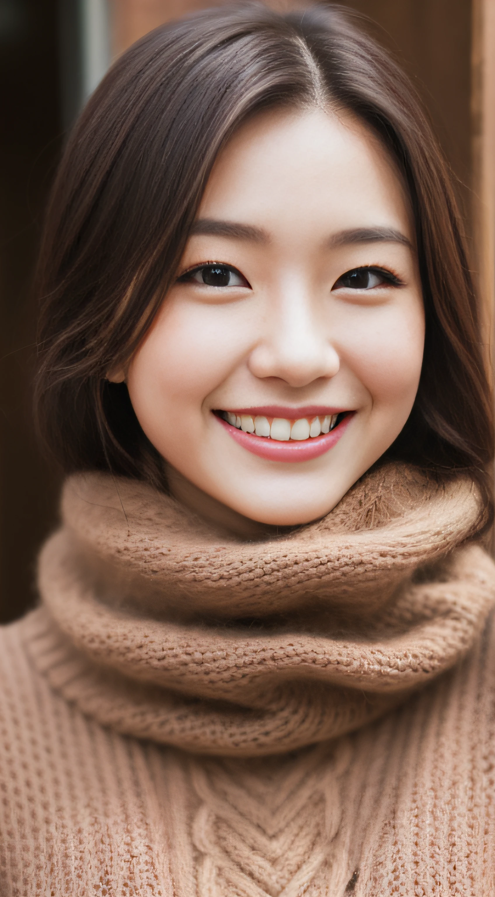 The face of the hostess、turtleneck wool sweater、hiquality、A hyper-realistic、healthy、Smiling expression、Slender perfect figure、japanese beautiful woman、 perfect  eyes、Beautiful skin、The upper part of the body、Downtown in winter
