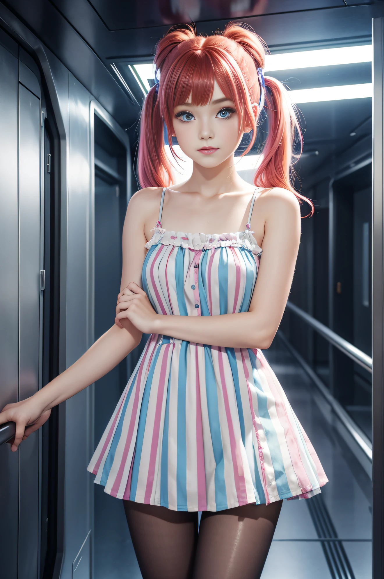 cute redhead with rainbow colored hair tips, ribbons in her hair, 18-year-old woman, happy, in twin tails, perfect symmetrical eyes, clear sparkling blue eyes, pale skin, silky smooth skin, standing on a fancy metal luxurious space ship, futuristic corridor, dark warm lighting, wearing a chemise over tank top and a pleated (chemise) mini dress (pastel colors and stripes), wearing full body pantyhose, cute short cut booties.