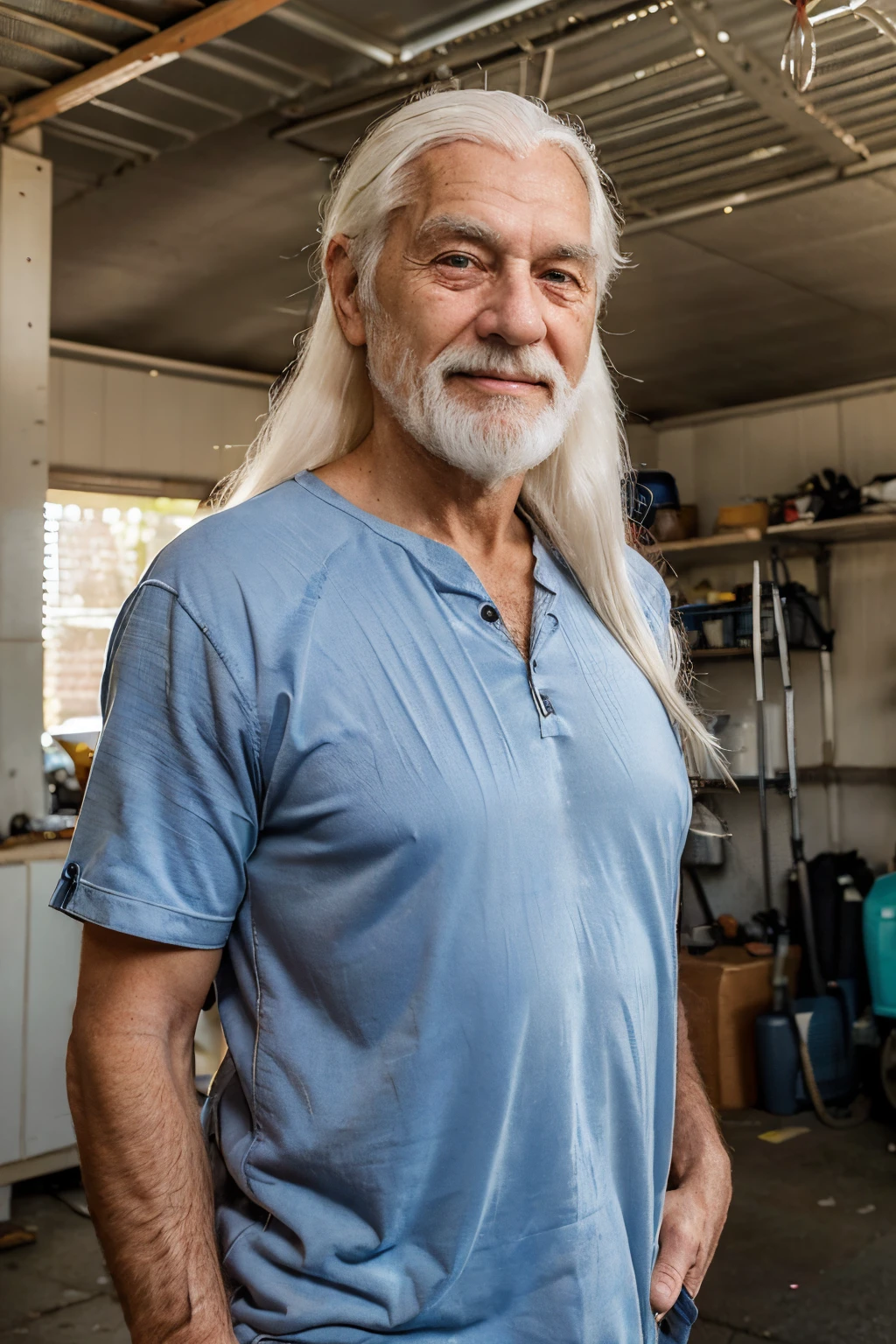 (elderly man in his 60s) (old grandpa) (long hair) (light beard) (thin body), ((white hair)) (straight hair) (blue eyes) (white skin) expression smile, happy, confident look . full body, western face, ((Location: garage)), expression marks, wrinkles, old face, old body, big eyes (smiling face) standing, day. (grandpa's house)((standing)) front view (looking at the viewer)((wrinkled body, old body, elderly, grandfather, wrinkles on the body, tired body))((casual clothes))
