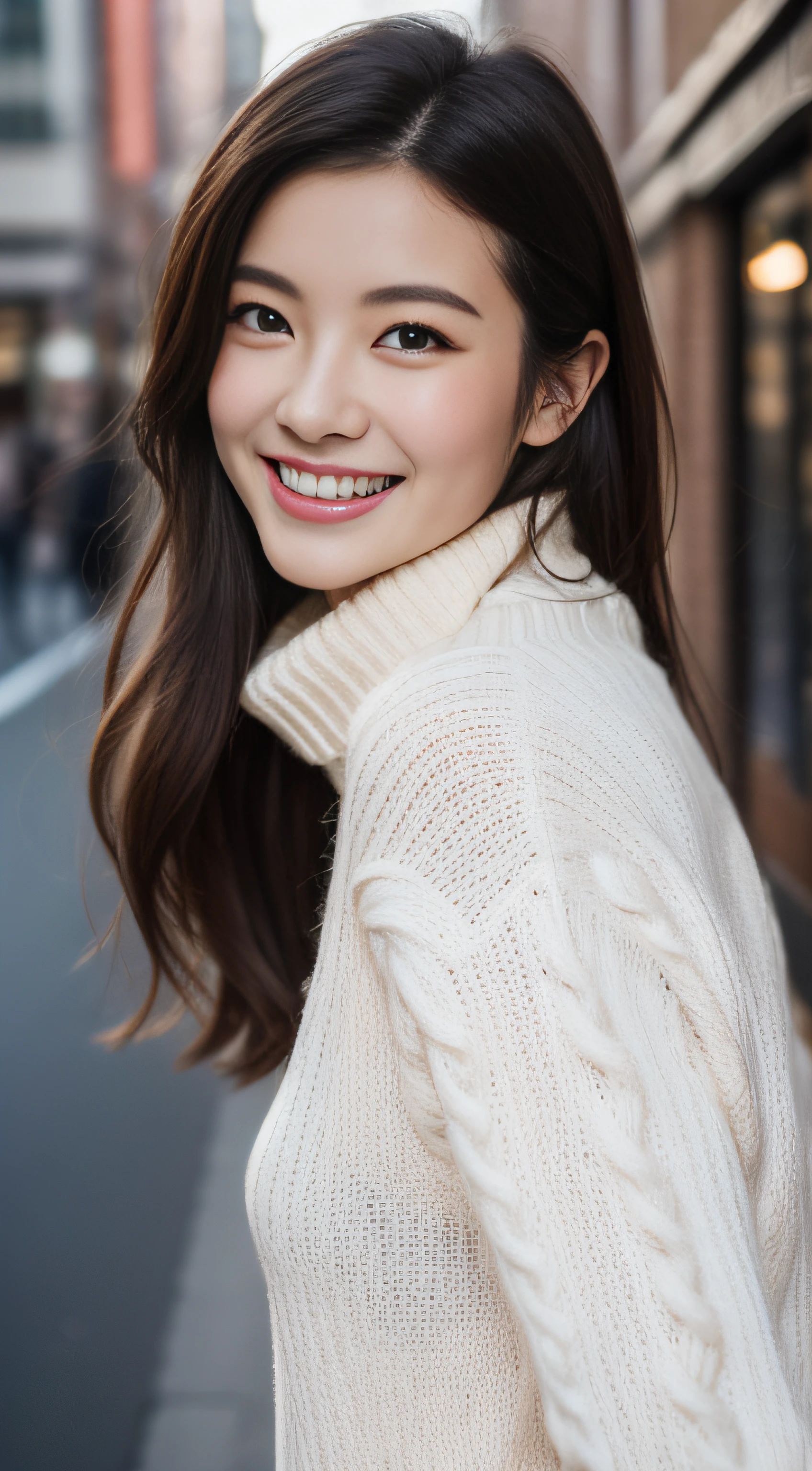The face of the hostess、turtleneck wool sweater、hiquality、A hyper-realistic、healthy、Smiling expression、Slender perfect figure、japanese beautiful woman、 perfect  eyes、Beautiful skin、The upper part of the body、Downtown in winter