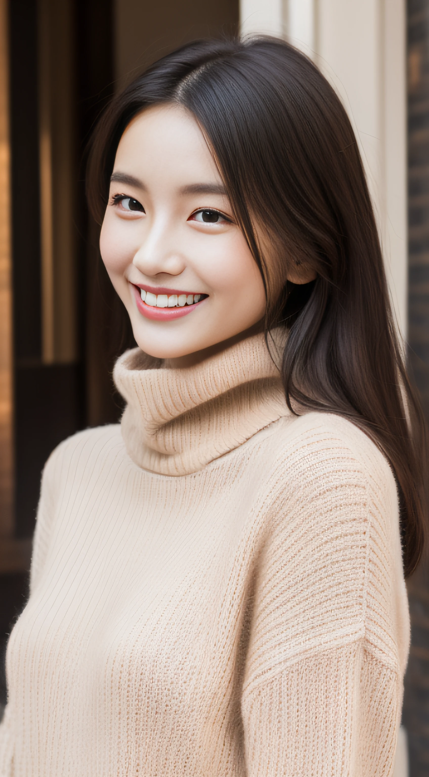The face of the hostess、turtleneck wool sweater、hiquality、A hyper-realistic、healthy、Smiling expression、Slender perfect figure、japanese beautiful woman、 perfect  eyes、Beautiful skin、The upper part of the body、Downtown in winter