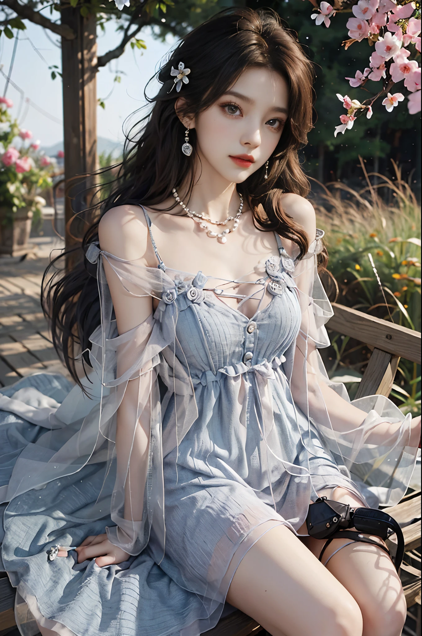 Sweet girl clothes2,pearl necklace,blue dress,flower,, fashi-girl, red lips, mature female, makeup, Big eyes, Pretty eyes, ((full body)), ((Random shooting angles)), (best quality, masterpiece:1.2), ultra-detailed, (realistic:1.37), beautiful, youthful, glamorous model with (detailed eyes, detailed lips, extremely detailed eyes), with white and floral colors, showcasing a radiant smile, creating a breathtaking depiction of a girl, Warm tones, extremely high color saturation, official art,   extremely detailed CG unified 8k wallpaper,(High dynamic range :1.4), (cinematic),(soft colors,  dull colors,  soothing tones :1.3), (natural skin texture, ultra-realistic, soft light, sharp),(very detailed), Night, moonlight, In an antique pavilion, sit on a bench against the guardrail