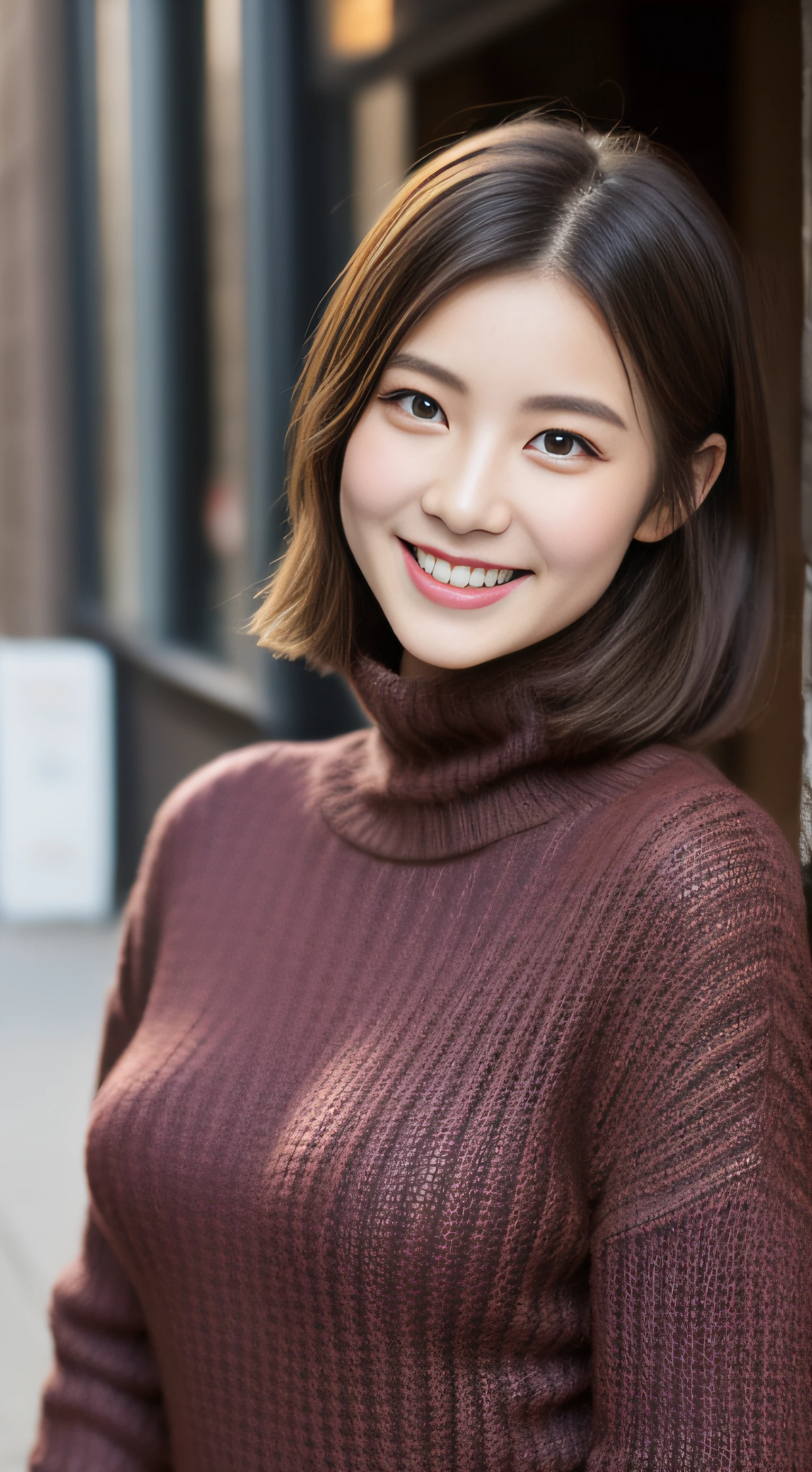 The face of the hostess、turtleneck wool sweater、hiquality、A hyper-realistic、healthy、Smiling expression、Slender perfect figure、Japan Beauty、 perfect  eyes、Beautiful skin、The upper part of the body、Yuki