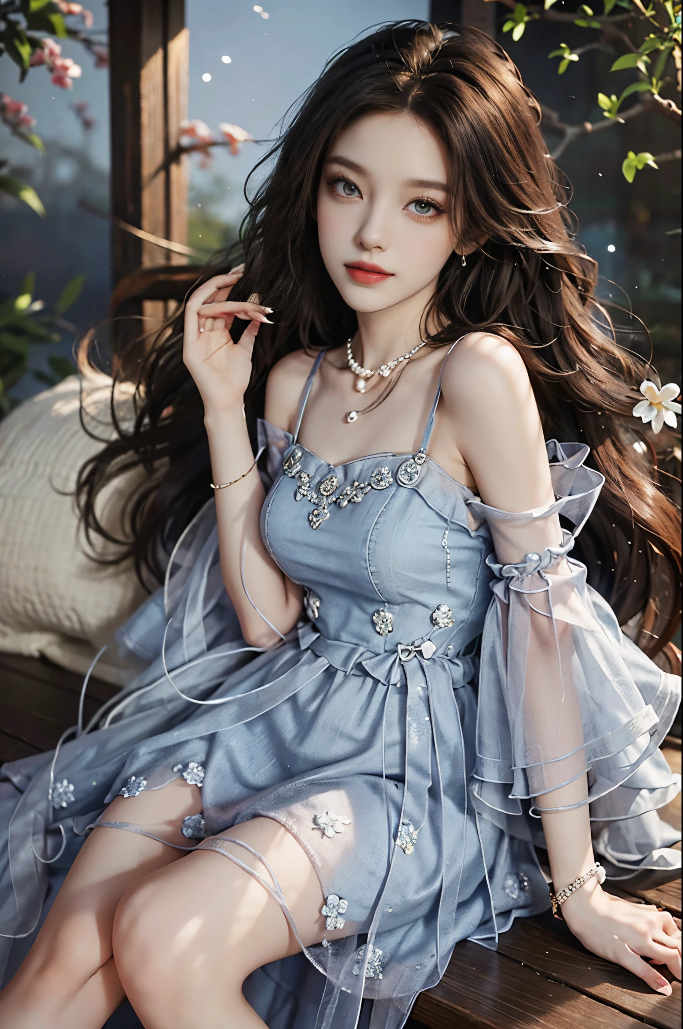 Sweet girl clothes2,pearl necklace,blue dress,flower,, fashi-girl, red lips, mature female, makeup, Big eyes, Pretty eyes, ((full body)), ((Random shooting angles)), (best quality, masterpiece:1.2), ultra-detailed, (realistic:1.37), beautiful, youthful, glamorous model with (detailed eyes, detailed lips, extremely detailed eyes), with white and floral colors, showcasing a radiant smile, creating a breathtaking depiction of a girl, Warm tones, extremely high color saturation, official art, extremely detailed CG unified 8k wallpaper,(High dynamic range :1.4), (cinematic),(soft colors, dull colors, soothing tones :1.3), (natural skin texture, ultra-realistic, soft light, sharp),(very detailed), Night, moonlight, In an antique pavilion, sit on a bench against the guardrail