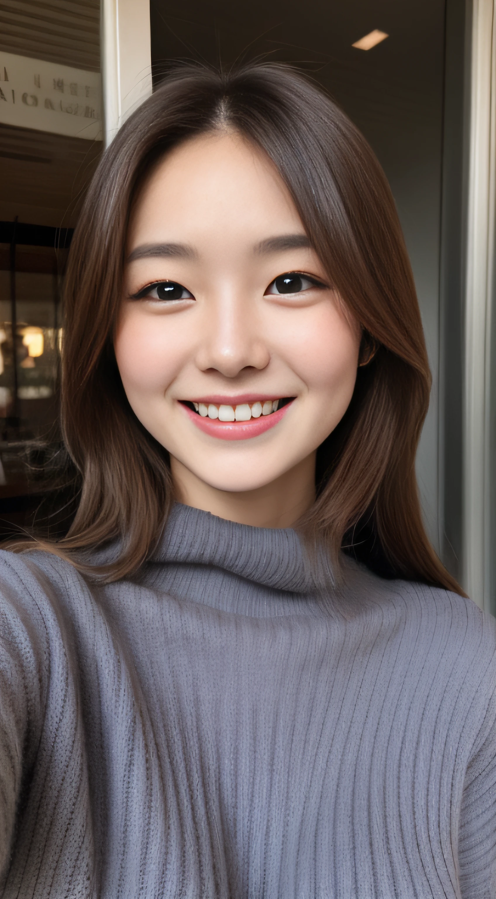 The face of the hostess、turtleneck wool sweater、hiquality、A hyper-realistic、healthy、Smiling expression、Slender perfect figure、japanese beautiful woman、 perfect  eyes、Beautiful skin、The upper part of the body、Downtown in winter