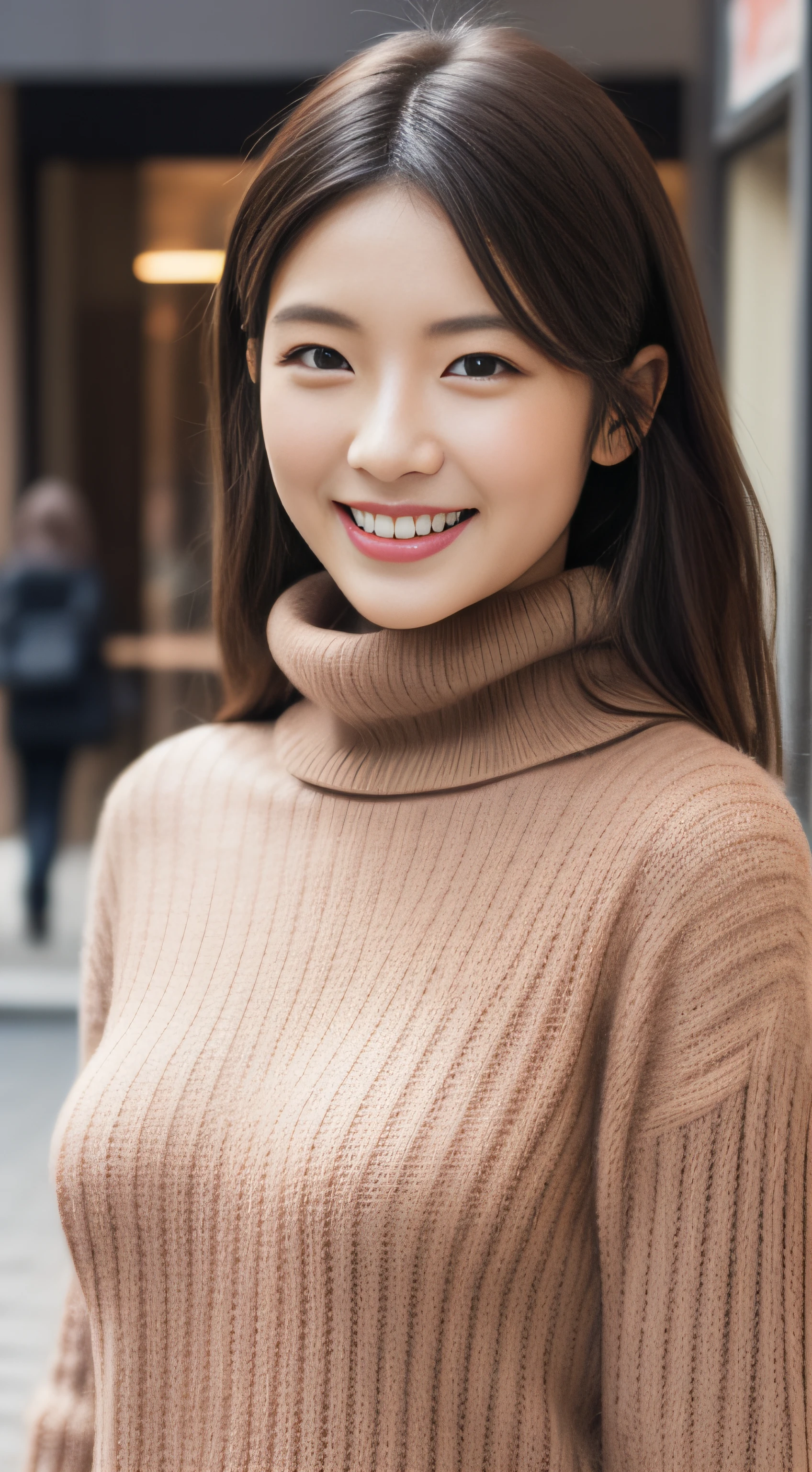The face of the hostess、turtleneck wool sweater、hiquality、A hyper-realistic、healthy、Smiling expression、Slender perfect figure、japanese beautiful woman、 perfect eyes、Beautiful skin、The upper part of the body、Ginza Street
