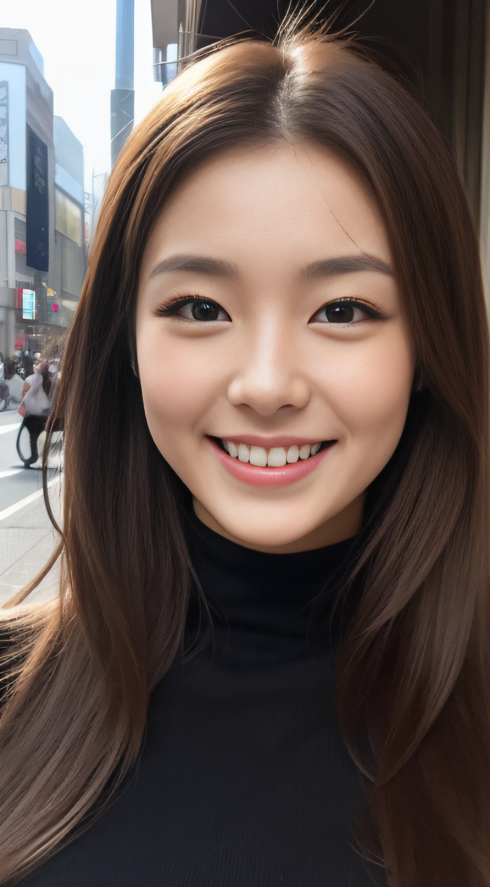 The face of the hostess、turtleneck wool sweater、hiquality、A hyper-realistic、healthy、Smiling expression、Slender perfect figure、japanese beautiful woman、 perfect eyes、Beautiful skin、The upper part of the body、Ginza Street