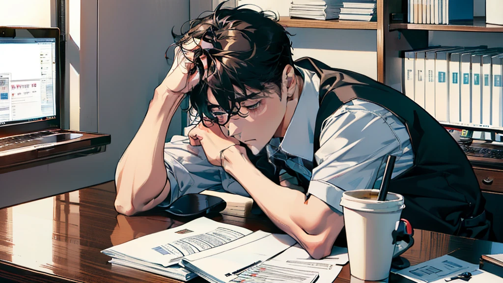 A worried male office worker lying face down on his desk.、Please describe yourself surrounded by thick work-related documents....。Holding your head。From that expression and pose、Be sure to communicate the pressure and stress of work.。pure、A coffee cup and a laptop are on his desk.、Please describe his work environment in detail....。