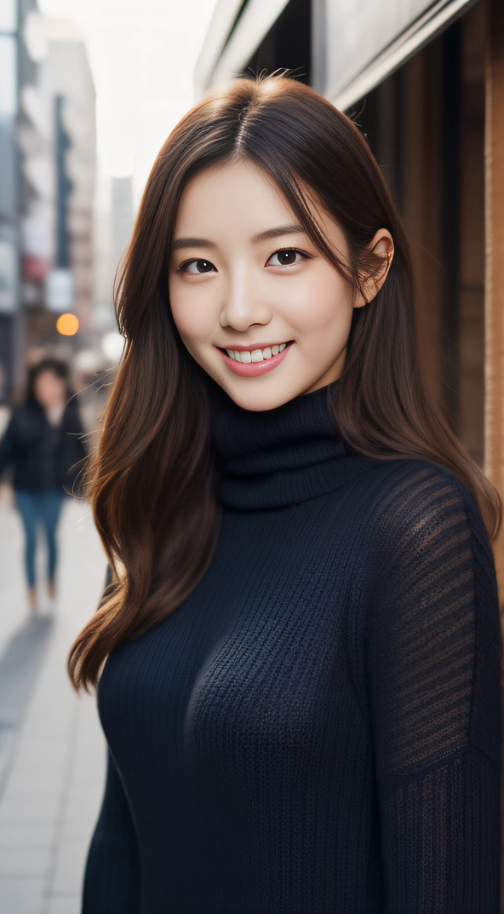 The face of the hostess、turtleneck wool sweater、hiquality、A hyper-realistic、healthy、Smiling expression、Slender perfect figure、japanese beautiful woman、 perfect  eyes、Beautiful skin、The upper part of the body、Ginza Street