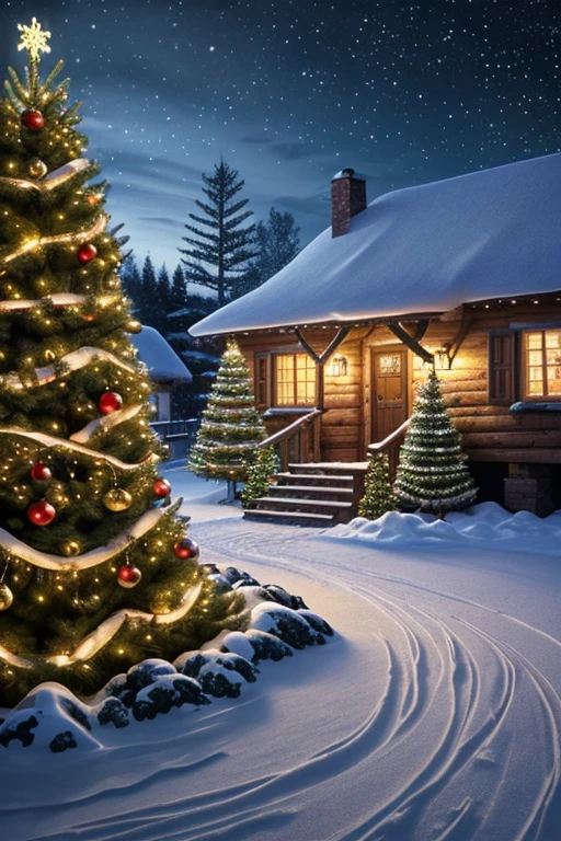 tilt shift, close up, high detail, 8k, photorealistic, A quaint, snow-covered village at night. The scene features twinkling lights from cozy cottages, a frozen pond with people ice-skating, a large christmas tree and snow-capped pine trees.