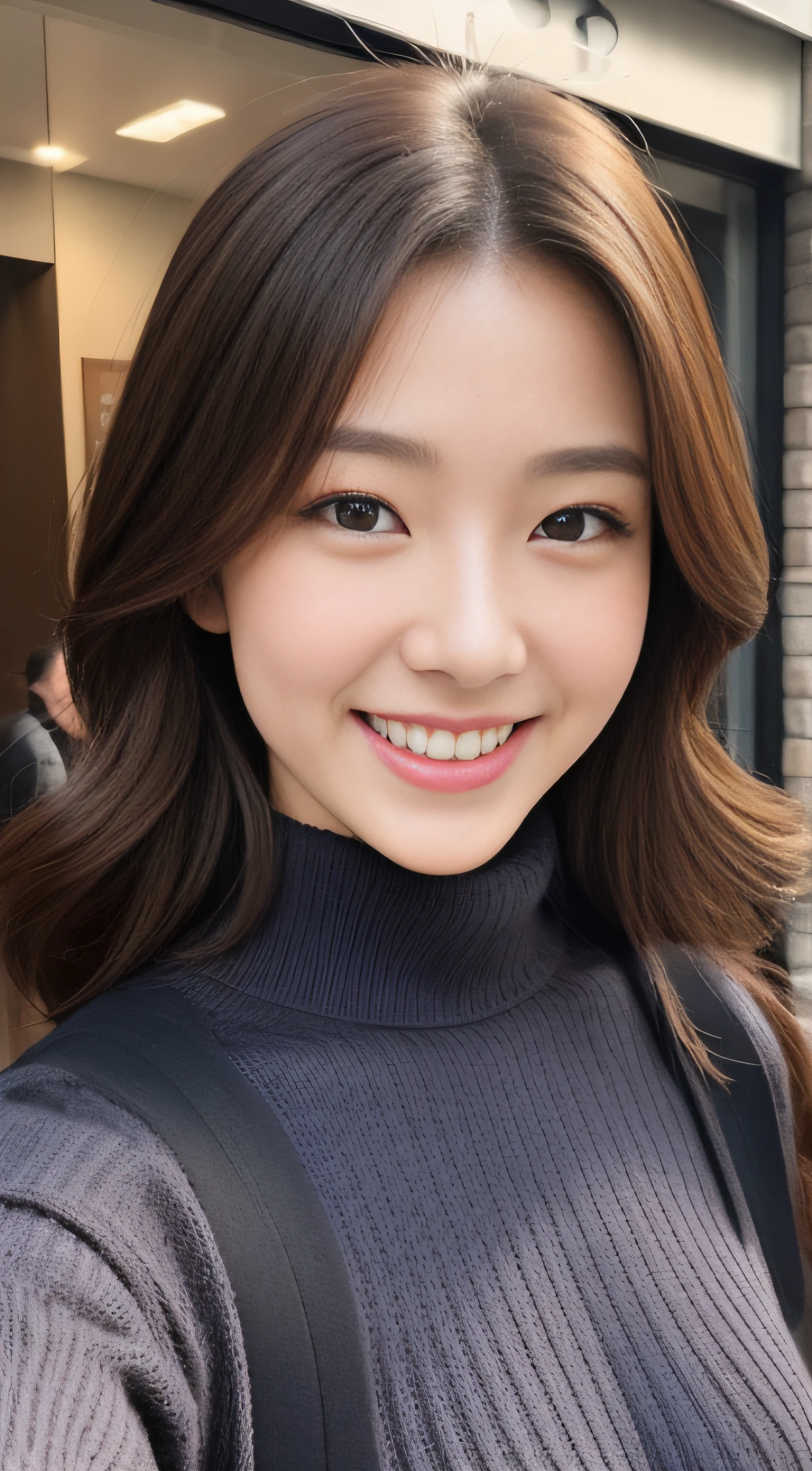 The face of the hostess、turtleneck wool sweater、hiquality、A hyper-realistic、healthy、Smiling expression、Slender perfect figure、japanese beautiful woman、 perfect eyes、Beautiful skin、The upper part of the body、Ginza Street