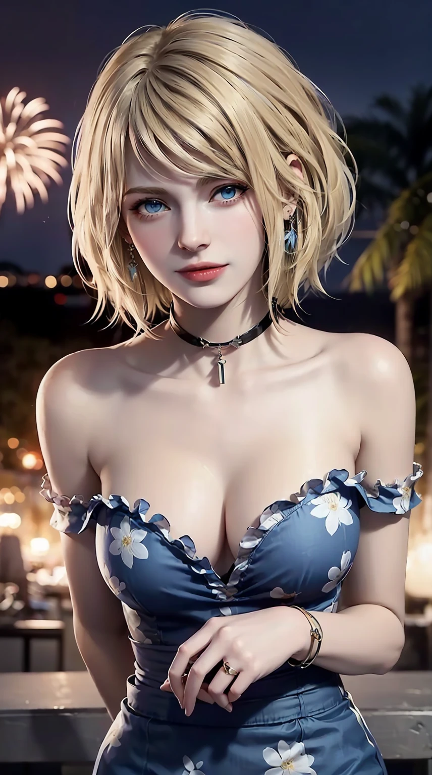 ((((masterpiece, best quality, high resolution)))), (1girl:1.5), ((short silky hair, blonde hair, blue eyes, earrings, choker, hair ornamentedium breasts:1.2), blush, (light smile, parted lips), glow, thighs, bare shoulders, collarbone, narrow waist, (slender body figure), cleavage, (beautiful detailed face, beautiful detailed eyeluffy off shoulder yukata)), (standing up), looking at viewer, nighttime, city light, festival, fireworks