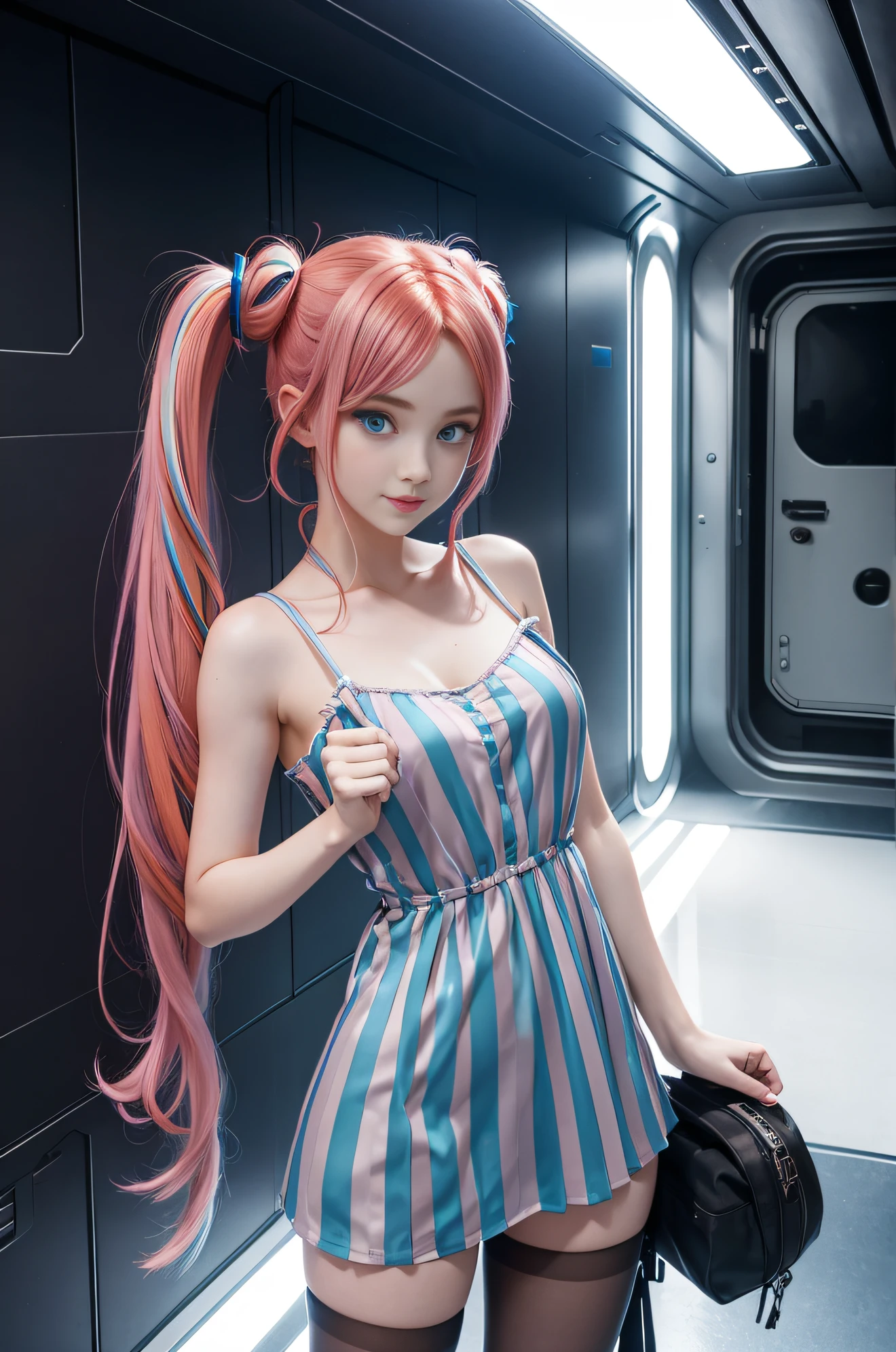 cute redhead with rainbow colored hair tips, ribbons in her hair, 18-year-old woman, happy, in twin tails, perfect symmetrical eyes, clear sparkling blue eyes, pale skin, silky smooth skin, standing on a fancy metal luxurious space ship, futuristic corridor, dark warm lighting, wearing a futuristic chemise over tank top and a pleated (chemise) mini dress (pastel colors and stripes), wearing full body pantyhose, cute short cut booties.