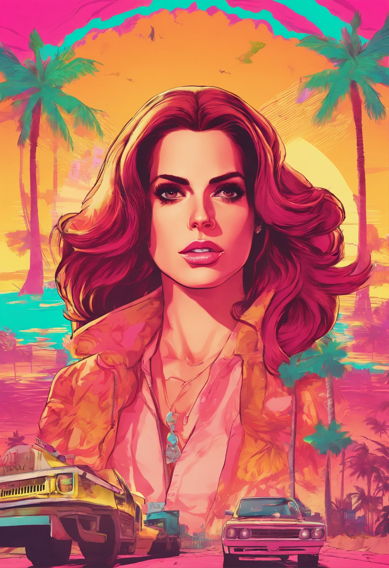 Lana Del Rey, GTA Vice City, GTA 5 cover art, Borderlands style, Transparent shadows, Symmetrical highly detailed eyes