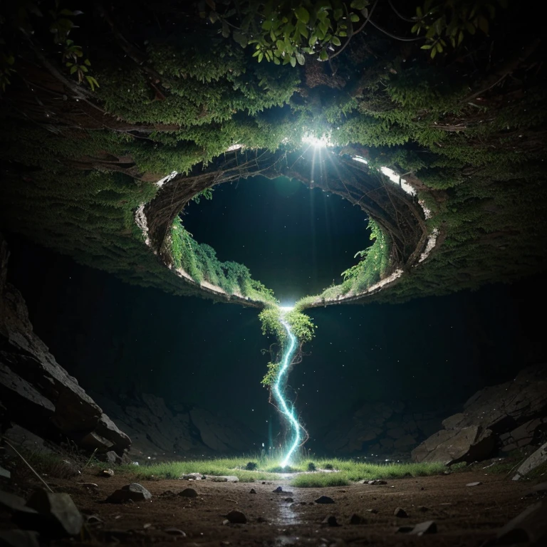 Under earth plant trapped in the vortex multi dimensional beings roaming the surface area nature growing and the light beaming from the sky
