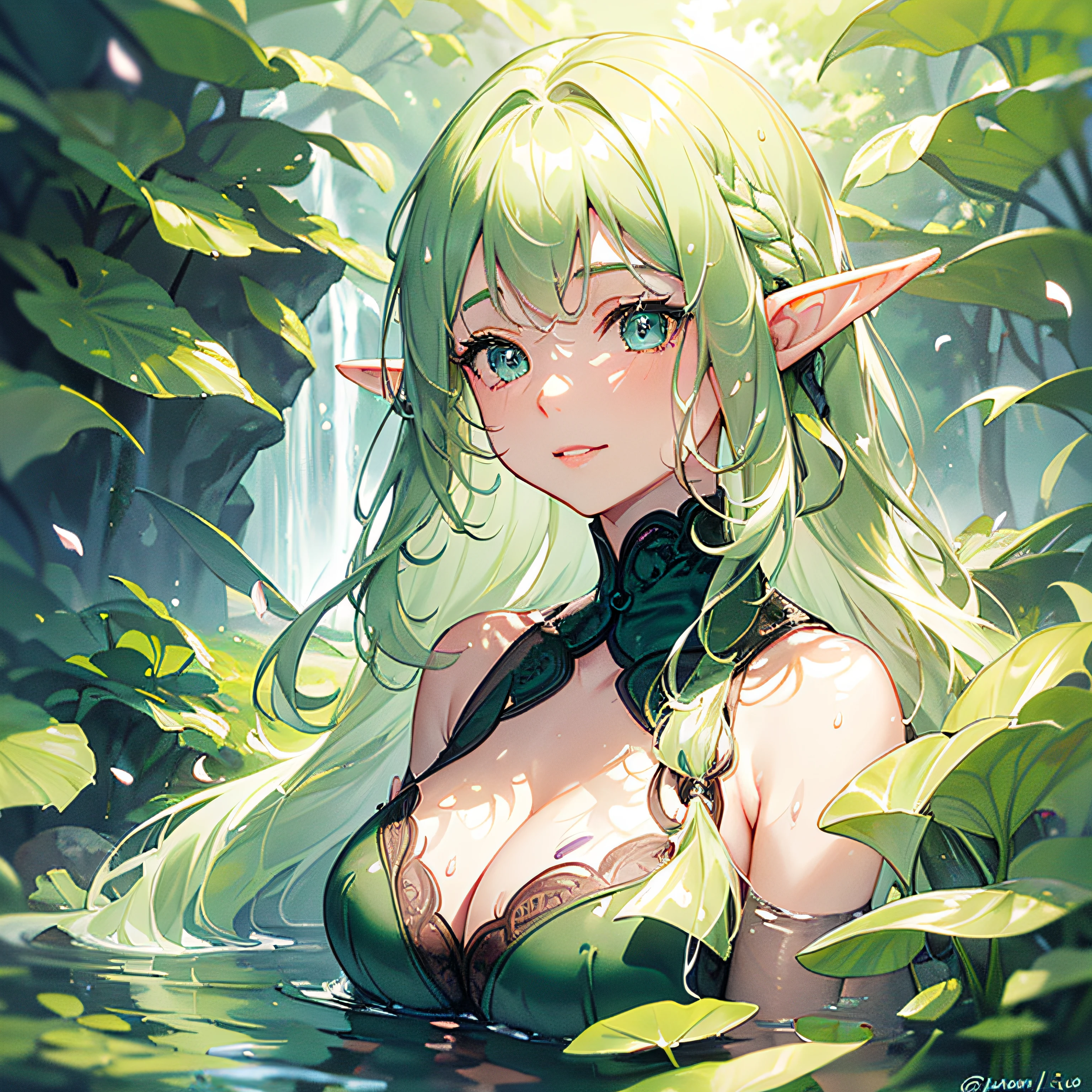 perfect illumination. face illumination. (front lighting), dark background. (solo:1.5). (close-up:1.5). (head and shoulder portrait shot: 1.9). young ((elf)) 1woman with ('long flowing wavy green hair':1.4), large white 1flower hair ornament. (wading in a deep pond), (lower body in water:1.6). ('vibrant soft round blue eyes'). perfect face, gentle expression, (gentle smile), (closed mouth, low detailed lips:1.4). head tilted down. (wet:1.2). (ripples:1.3), reflections. wet. ('(black) sexy thin highly detailed intricate ornate lace sleeveless lowcut keyhole_cleavage dress with 'dark_green floral patterns', large breasts, long transparent sleeves, strings, black inner body tights'), (side glance:1.3), beautiful, cute, grass, ferns, nature, trees, ((forest))'. (floating petals), muted pastel colors, (tall waterfall, large rocks).