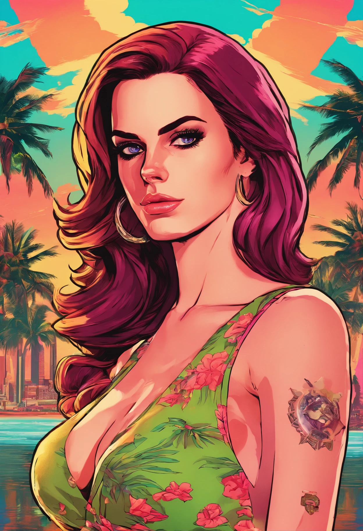 Lana Del Rey, GTA Vice City, GTA 5 cover art, Borderlands style, Transparent shadows, Symmetrical highly detailed eyes