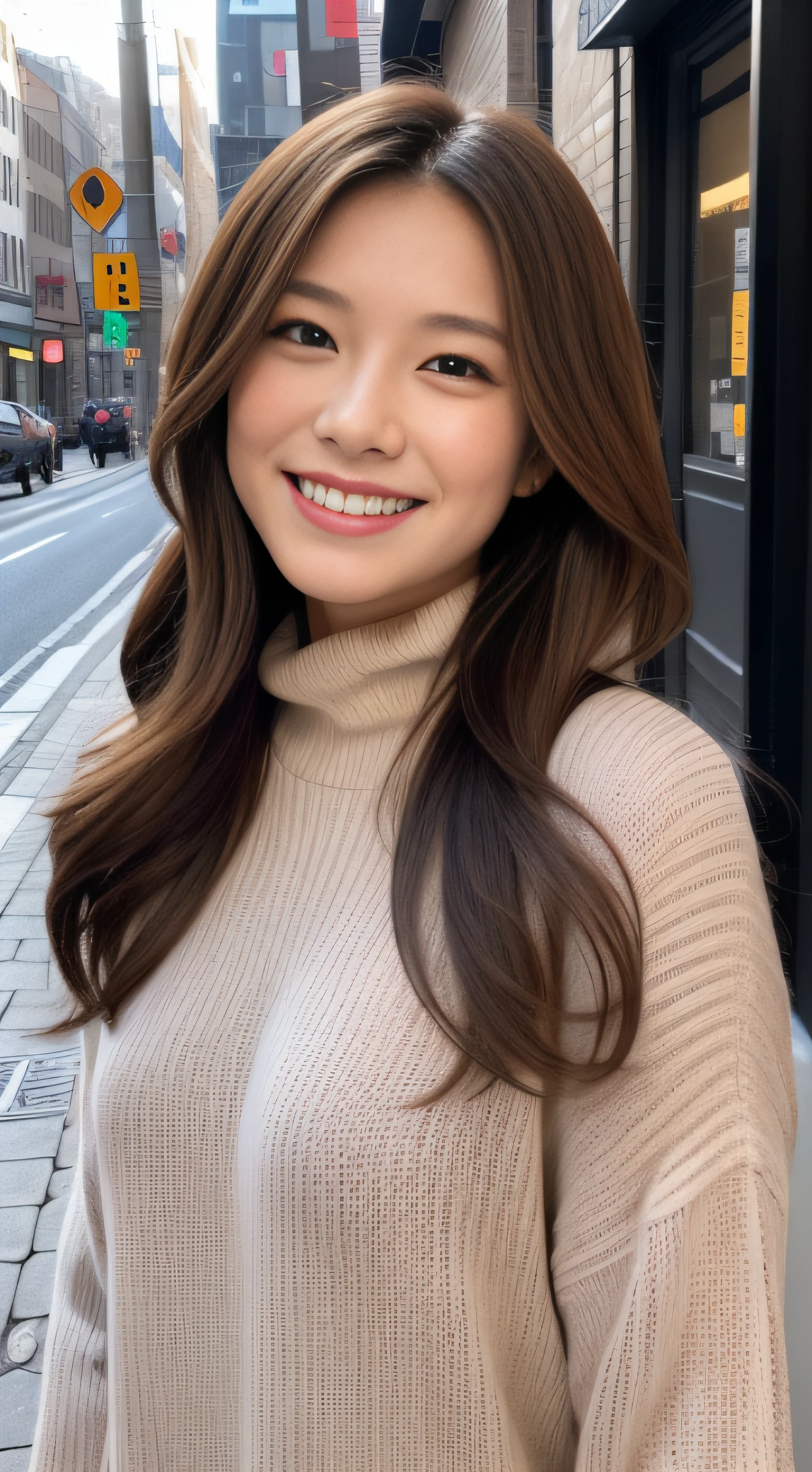 The face of the hostess、turtleneck wool sweater、hiquality、A hyper-realistic、healthy、Smiling expression、Slender perfect figure、japanese beautiful woman、 perfect eyes、Beautiful skin、The upper part of the body、Takeshita Street