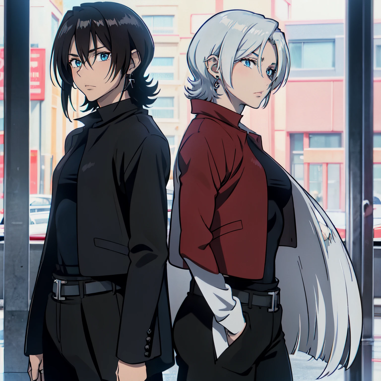 Black clothes, 1970’s fashion, long silver white hair with curtain bangs, bright blue eyes, brown sharp eyebrows, eyebrow piercing, calm eyes, average stature, sharp jaw, pale skin, goth jewlery, earrings, anime boy