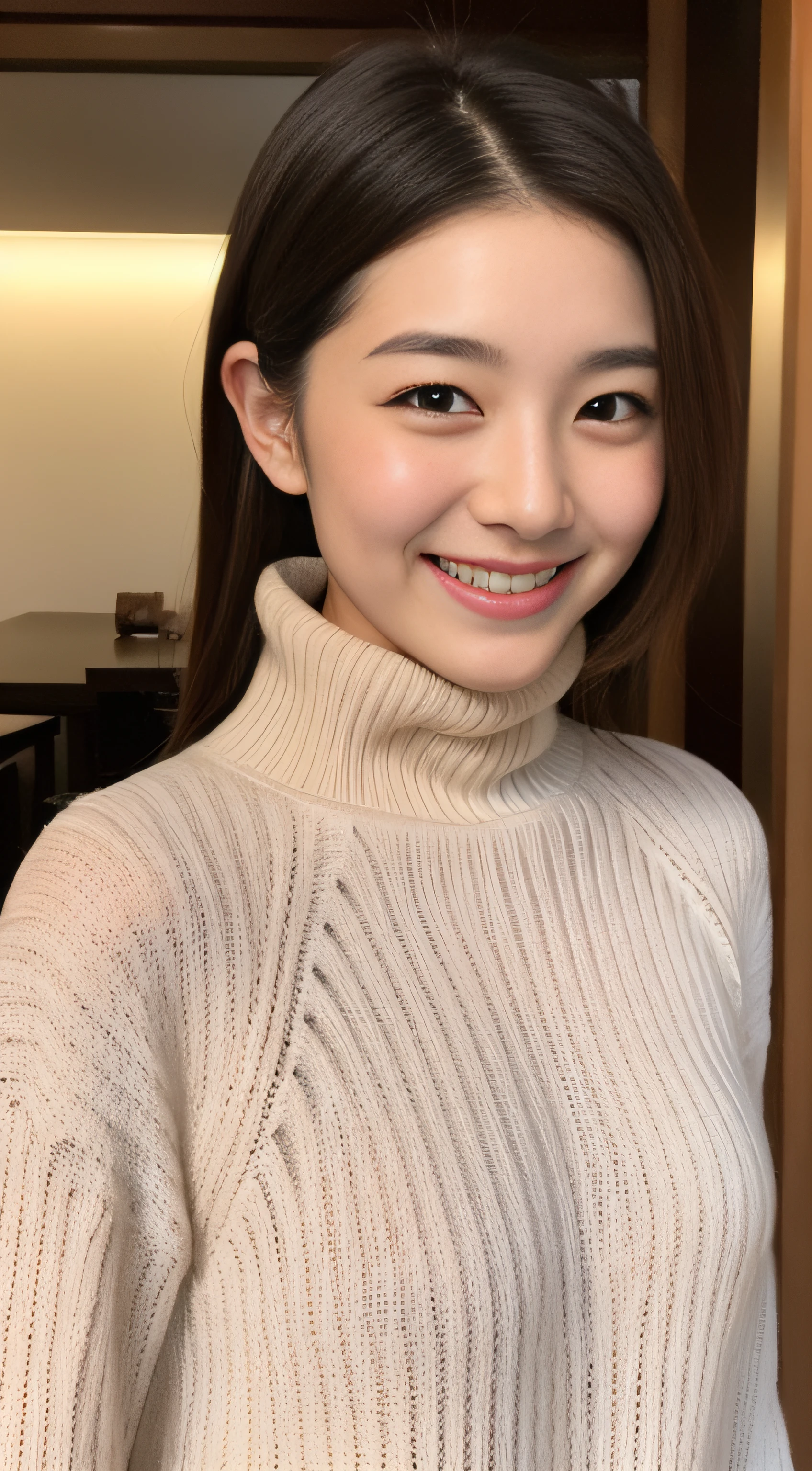 The face of the hostess、turtleneck wool sweater、hiquality、A hyper-realistic、healthy、Smiling expression、Slender perfect figure、Japan Beauty、 perfect eyes、Beautiful skin、The upper part of the body、White Room、enticing