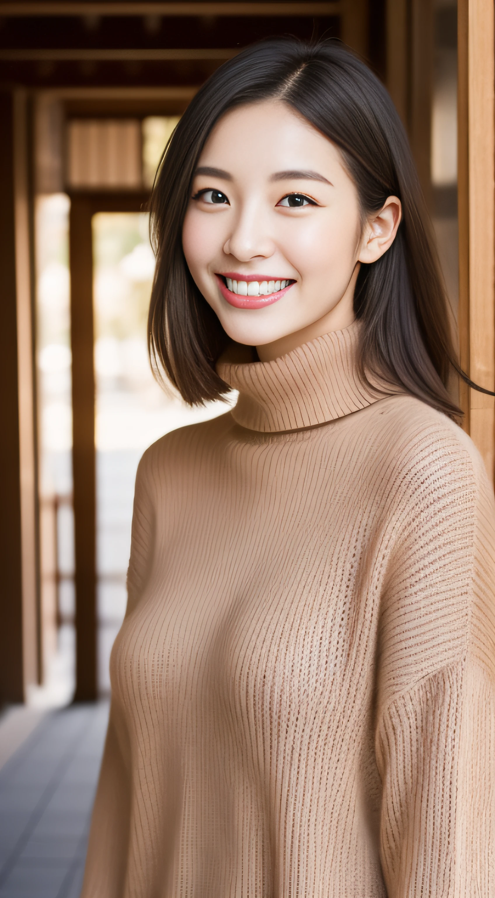 The face of the hostess、turtleneck wool sweater、hiquality、A hyper-realistic、healthy、Smiling expression、Slender perfect figure、Japan Beauty、 perfect  eyes、Beautiful skin、The upper part of the body、kyoto