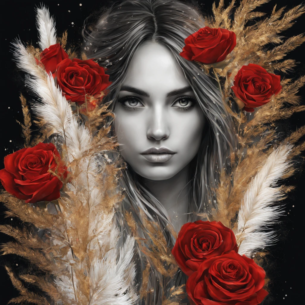 Beautiful hippie girl, boho chic, pampas grass, red roses, abstract, floral, beautiful, bohemian, realistic, black, white, golden threads, drops, swirls, sparks, octane, brightly, a closeup of a