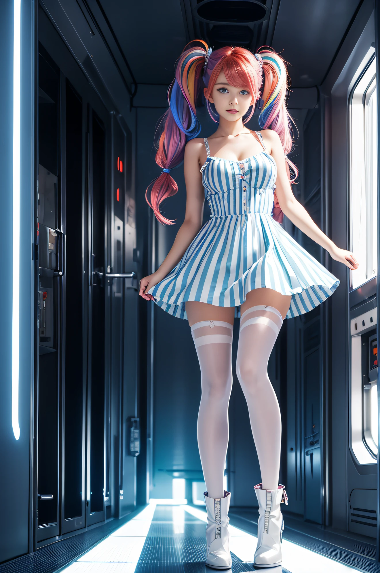 cute redhead with rainbow colored hair tips, ribbons in her hair, 18-year-old woman, happy, in twin tails, perfect symmetrical eyes, clear sparkling blue eyes, pale skin, silky smooth skin, standing on a fancy metal luxurious space ship, futuristic corridor, dark warm lighting, wearing a futuristic chemise over tank top and a pleated (chemise) mini dress (pastel colors, led lights and stripes), wearing full body pantyhose, cute short cut booties.