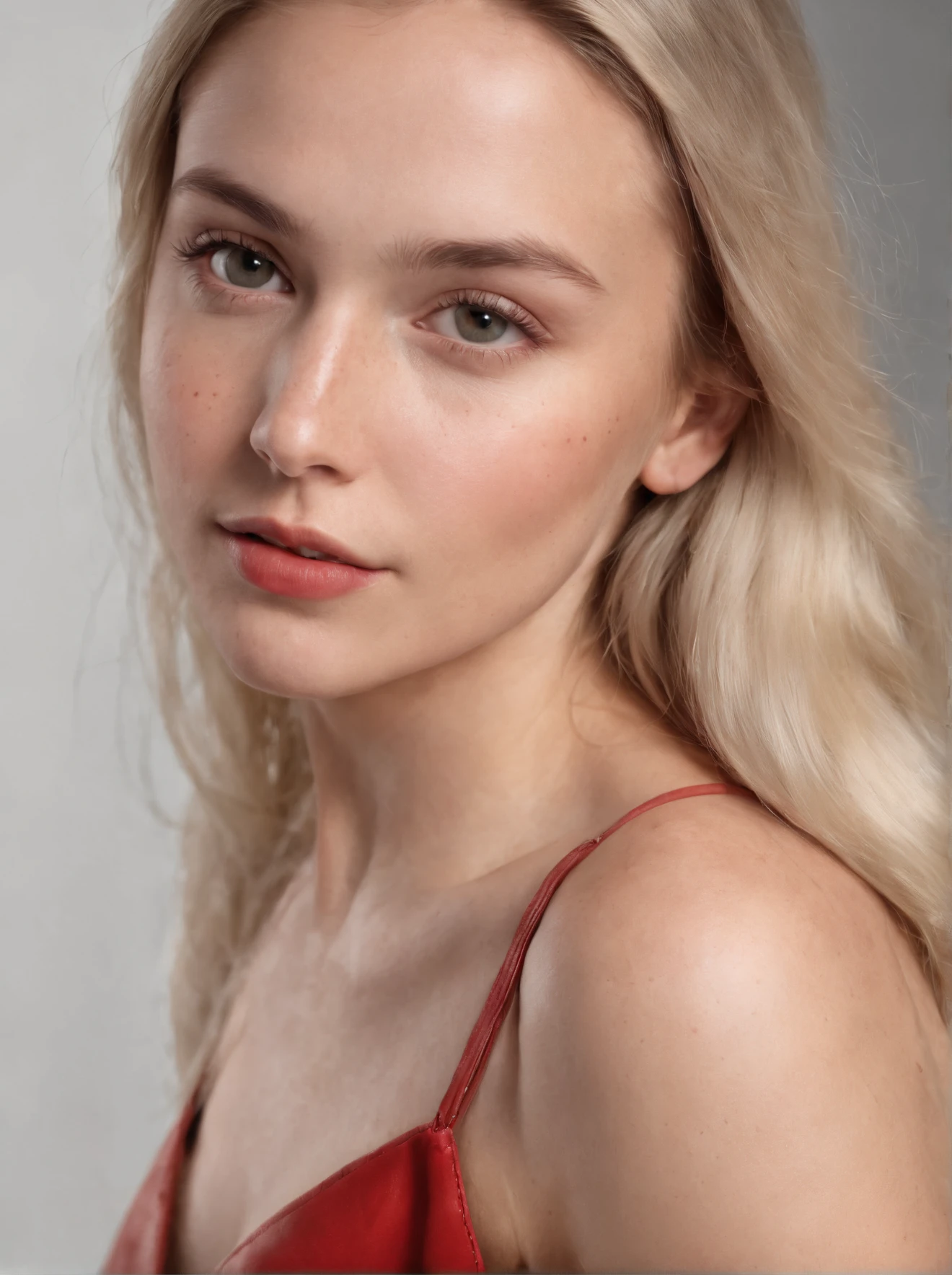 Photorealistic photo of a 20-year-old Swedish girl with long blonde hair with black highlight. She has dark chocolate eyes. She has no makeup and filter. She has her hair in a ponytail. She should have a little freckles on her face and birthmarks. She is posing in front of a fully white background wearing short red leather dress. She should be visible from her knees to the top of her head.