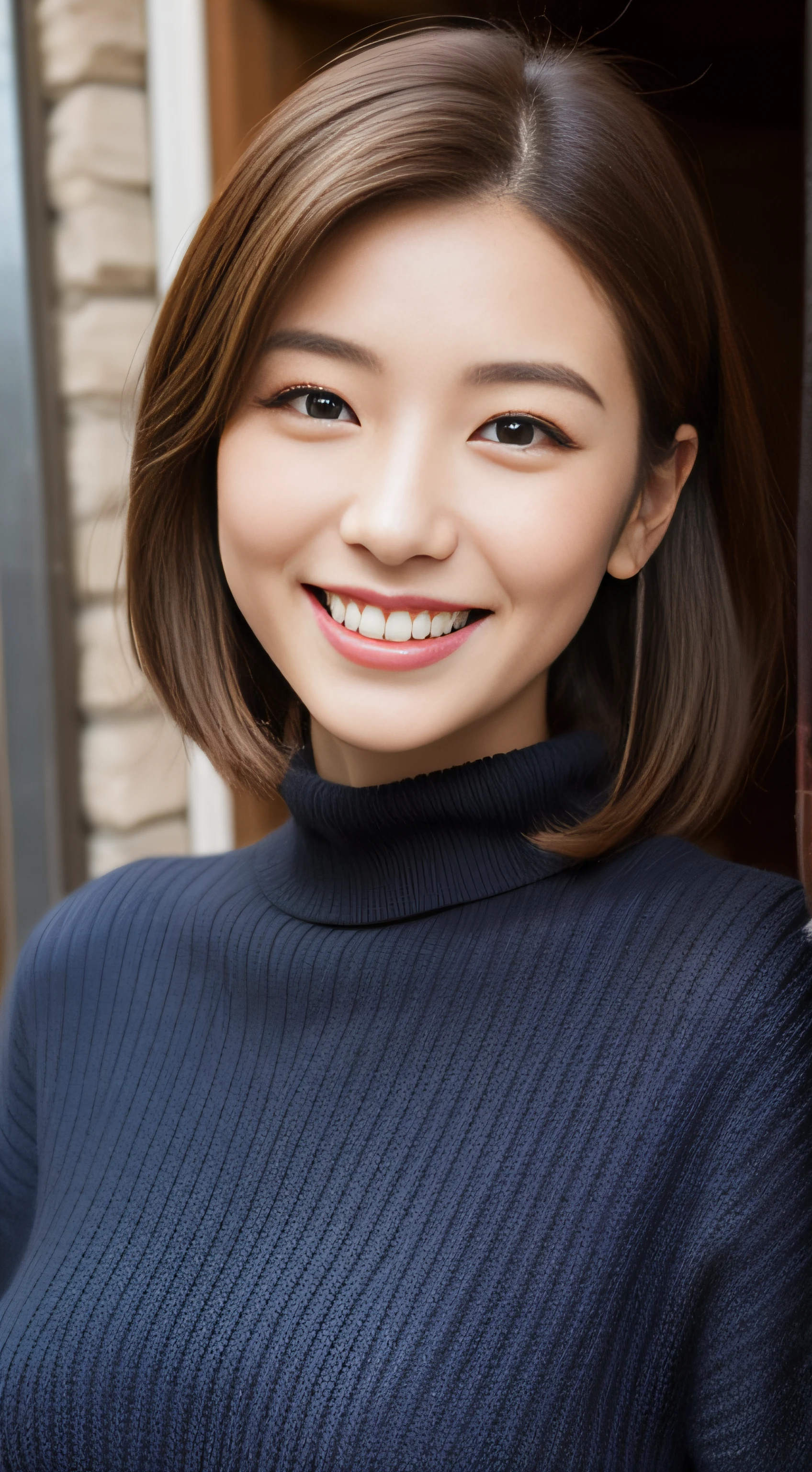 The face of the hostess、turtleneck wool sweater、hiquality、A hyper-realistic、healthy、Smiling expression、Slender perfect figure、Japan Beauty、 perfect  eyes、Beautiful skin、The upper part of the body、The city of Kyoto