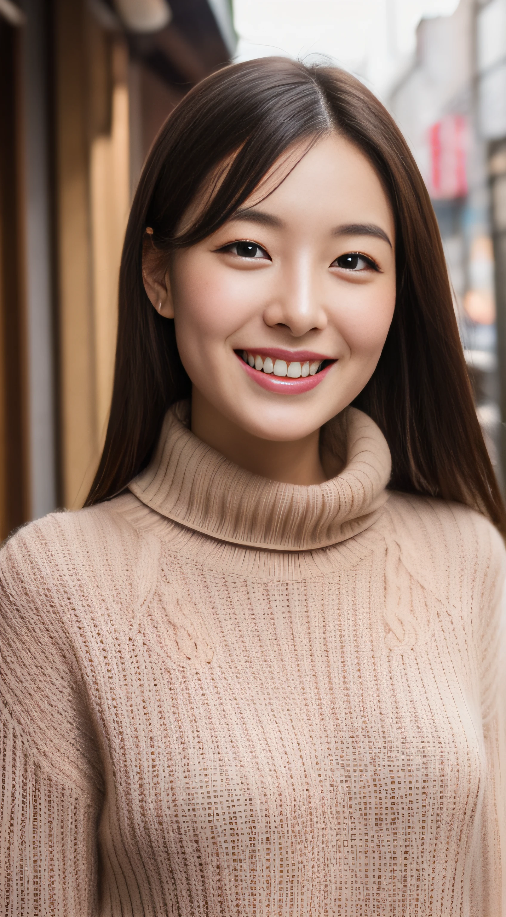 The face of the hostess、turtleneck wool sweater、hiquality、A hyper-realistic、healthy、Smiling expression、Slender perfect figure、Japan Beauty、 perfect eyes、Beautiful skin、The upper part of the body、white walls