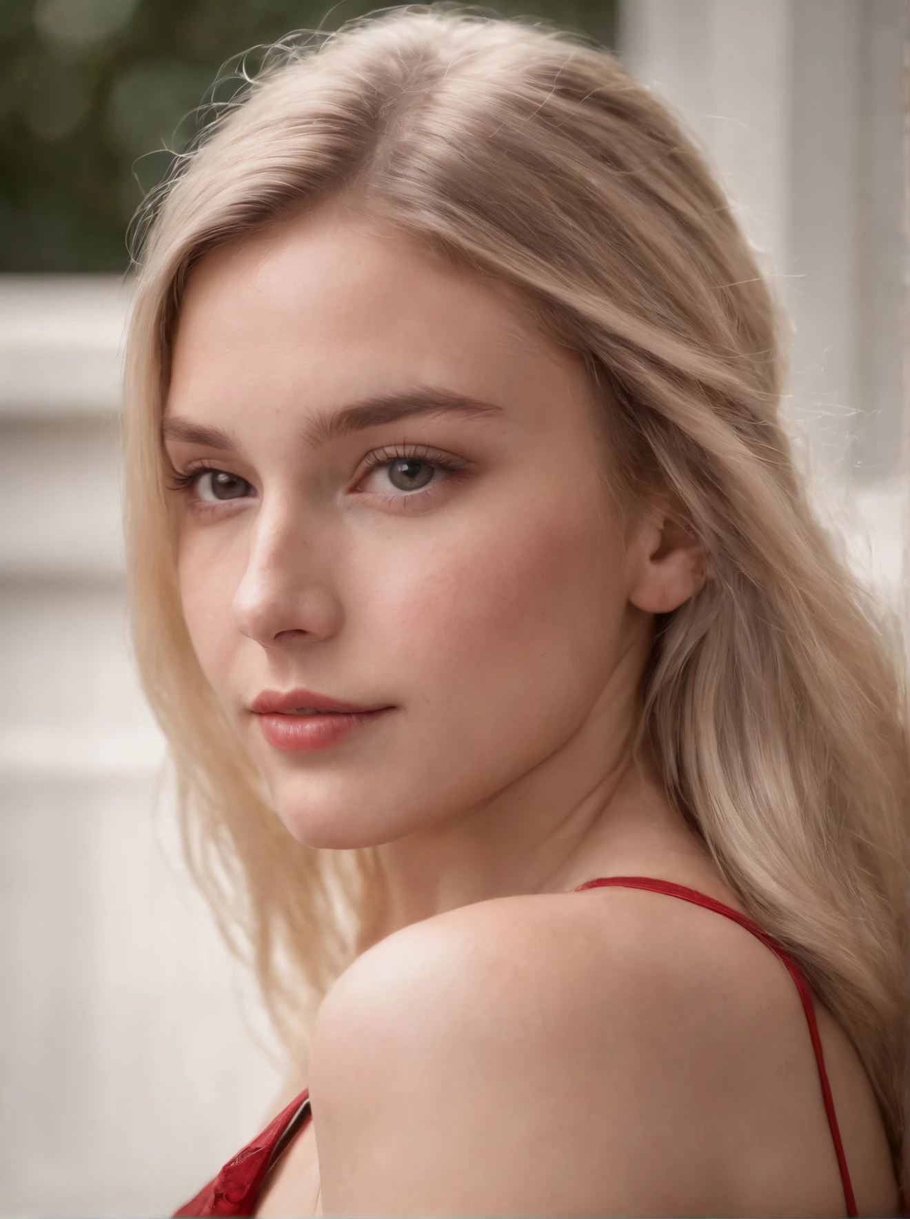 Photorealistic photo of a 20-year-old Swedish girl with long blonde hair with black highlight. She has dark chocolate eyes. She has no makeup and filter. She has her hair in a ponytail. She should have a little freckles on her face and birthmarks. She is posing in front of a fully white background wearing short red leather dress. She should be visible from her knees to the top of her head.