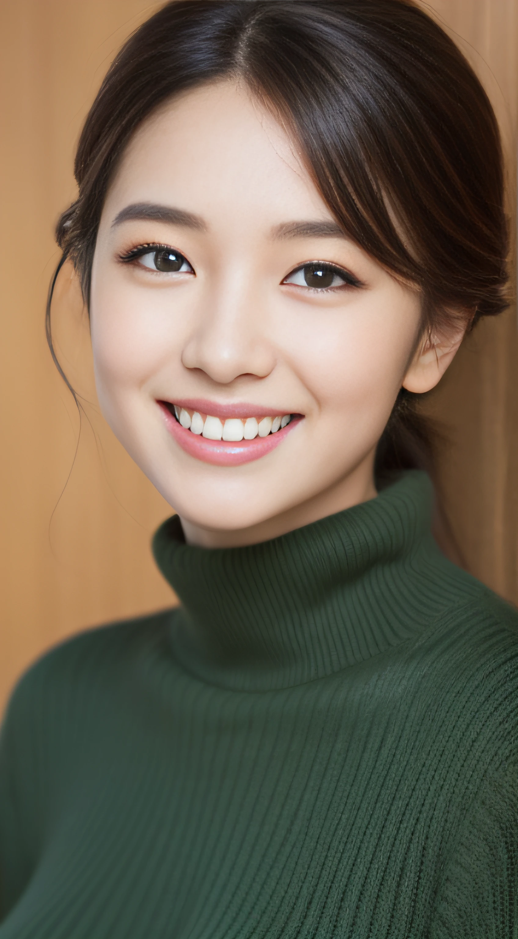 The face of the hostess、turtleneck wool sweater、hiquality、A hyper-realistic、healthy、Smiling expression、Slender perfect figure、Japan Beauty、 perfect  eyes、Beautiful skin、The upper part of the body、Yuki