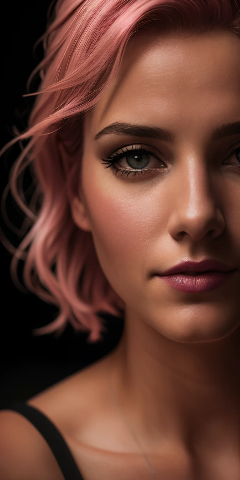 curvy woman with pink hair and black blouse looking at camera, foto retrato suave 8 k, color photograph portrait 4k, cinematic headshot portrait, Retrato de 60mm, 7 0 mm portrait, Retrato de 50mm, retrato ultra detalhado, close - foto retrato acima, cinematic portrayal, realistic face moody lighting, Retrato 4k, Cinematic realistic portrait