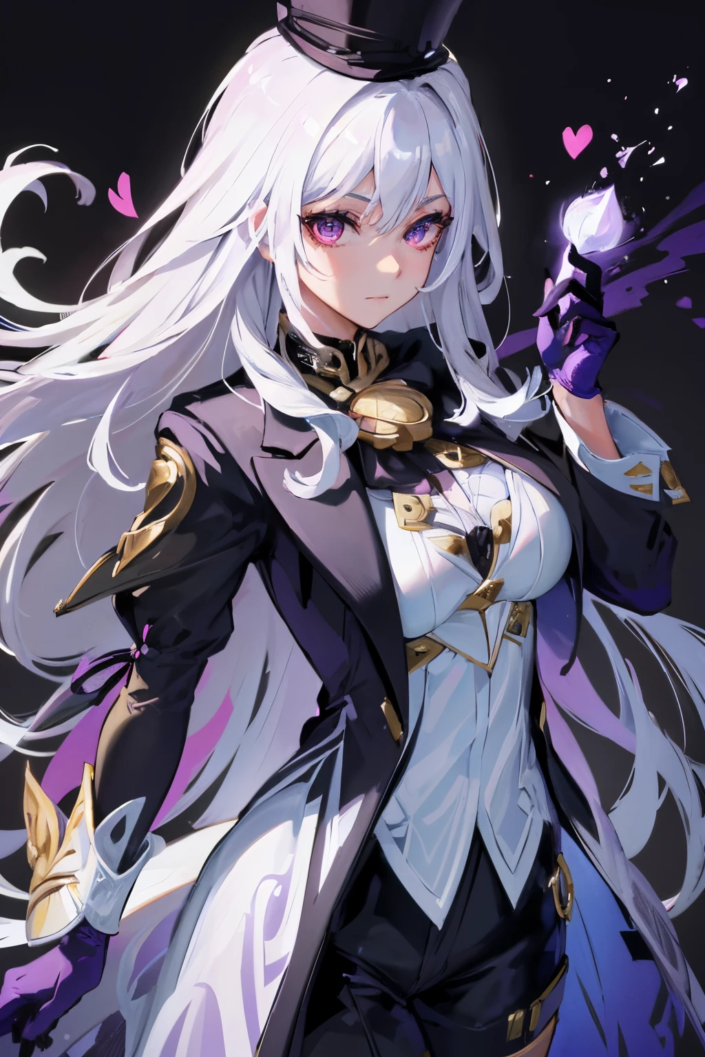 (masterpiece, best quality:1.2), illustration, 8k, hd, 1girl, solo, (((white hair, purple eye, black coat, black suit, top hat))), large breasts, black pants, indoors, (skirk:1.2), tall, mature, elegant, black gloves, upper body, from front, long hair,