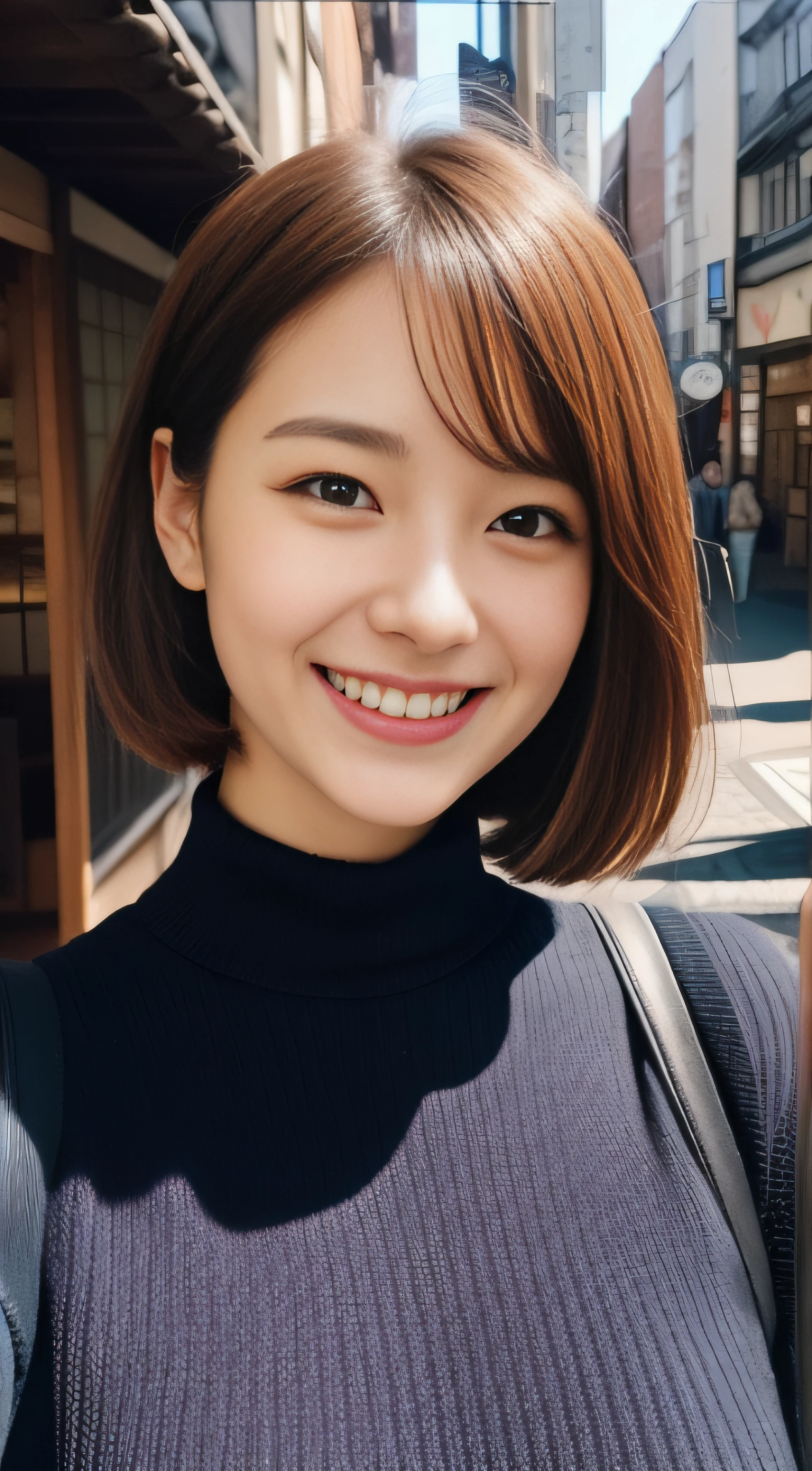 The face of the hostess、turtleneck wool sweater、hiquality、A hyper-realistic、healthy、Smiling expression、Slender perfect figure、Japan Beauty、 perfect eyes、Beautiful skin、The upper part of the body、The city of Kyoto