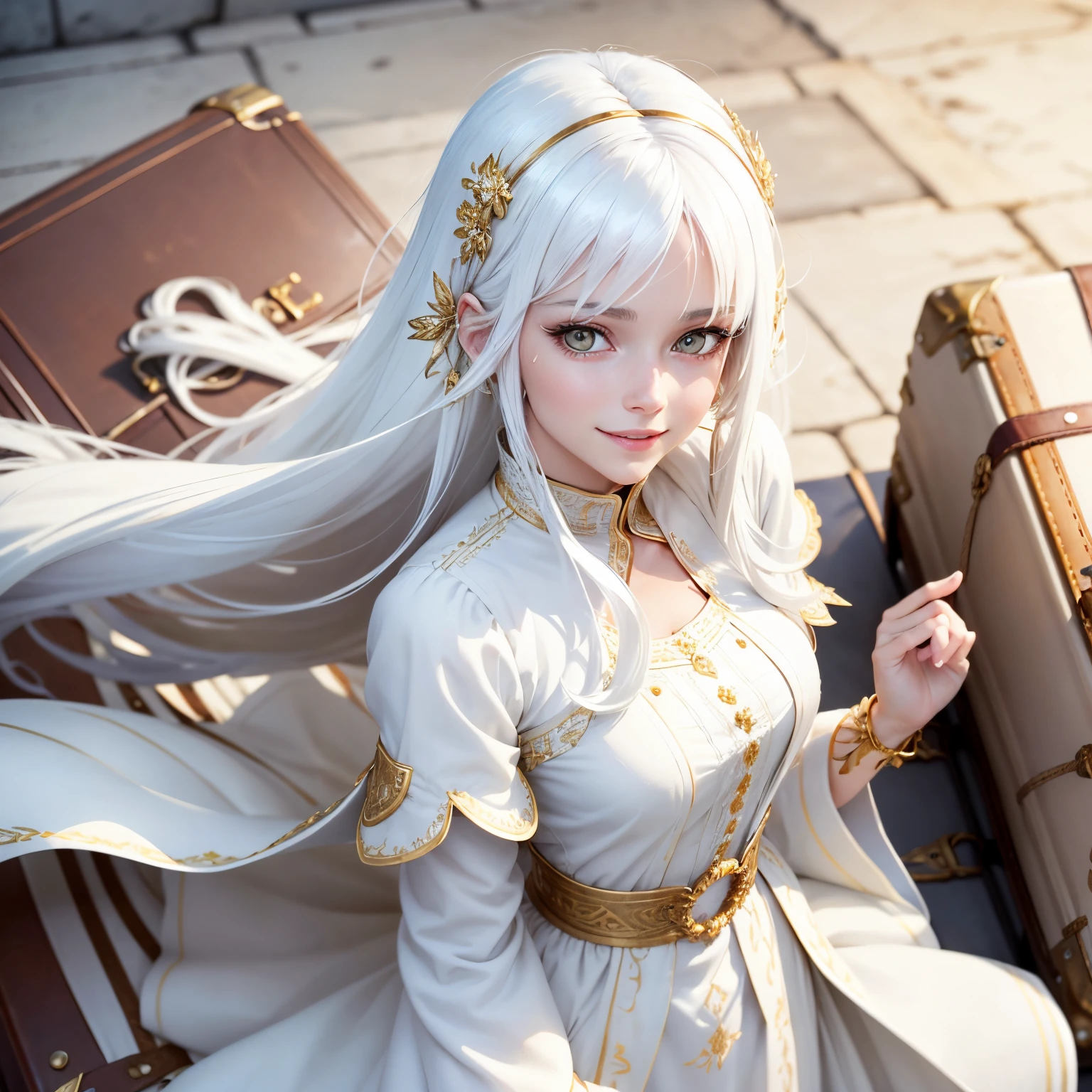 best quality, white hair, gold eyes, white clothes, hair strand, Fair skin, smiling, she has a suitcase