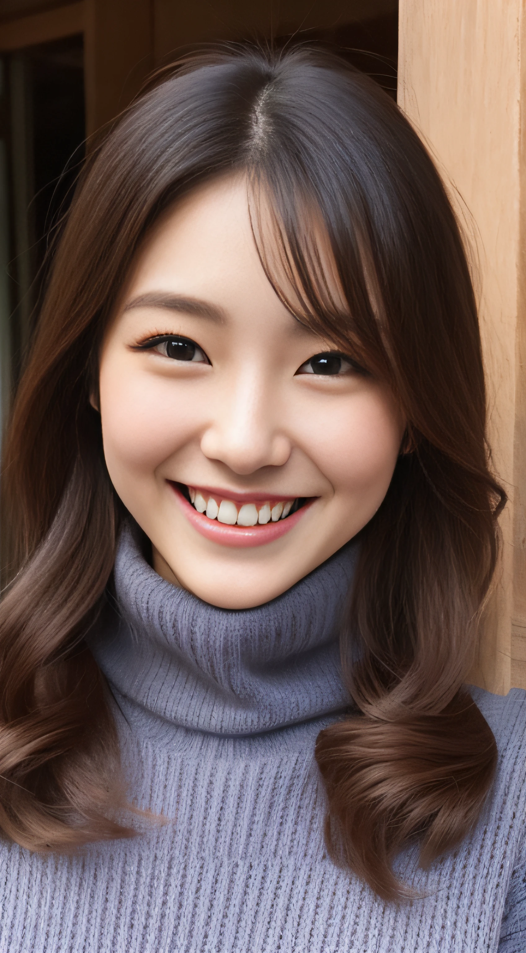 The face of the hostess、turtleneck wool sweater、hiquality、A hyper-realistic、healthy、Smiling expression、Slender perfect figure、Japan Beauty、 perfect eyes、Beautiful skin、The upper part of the body、Snowy city